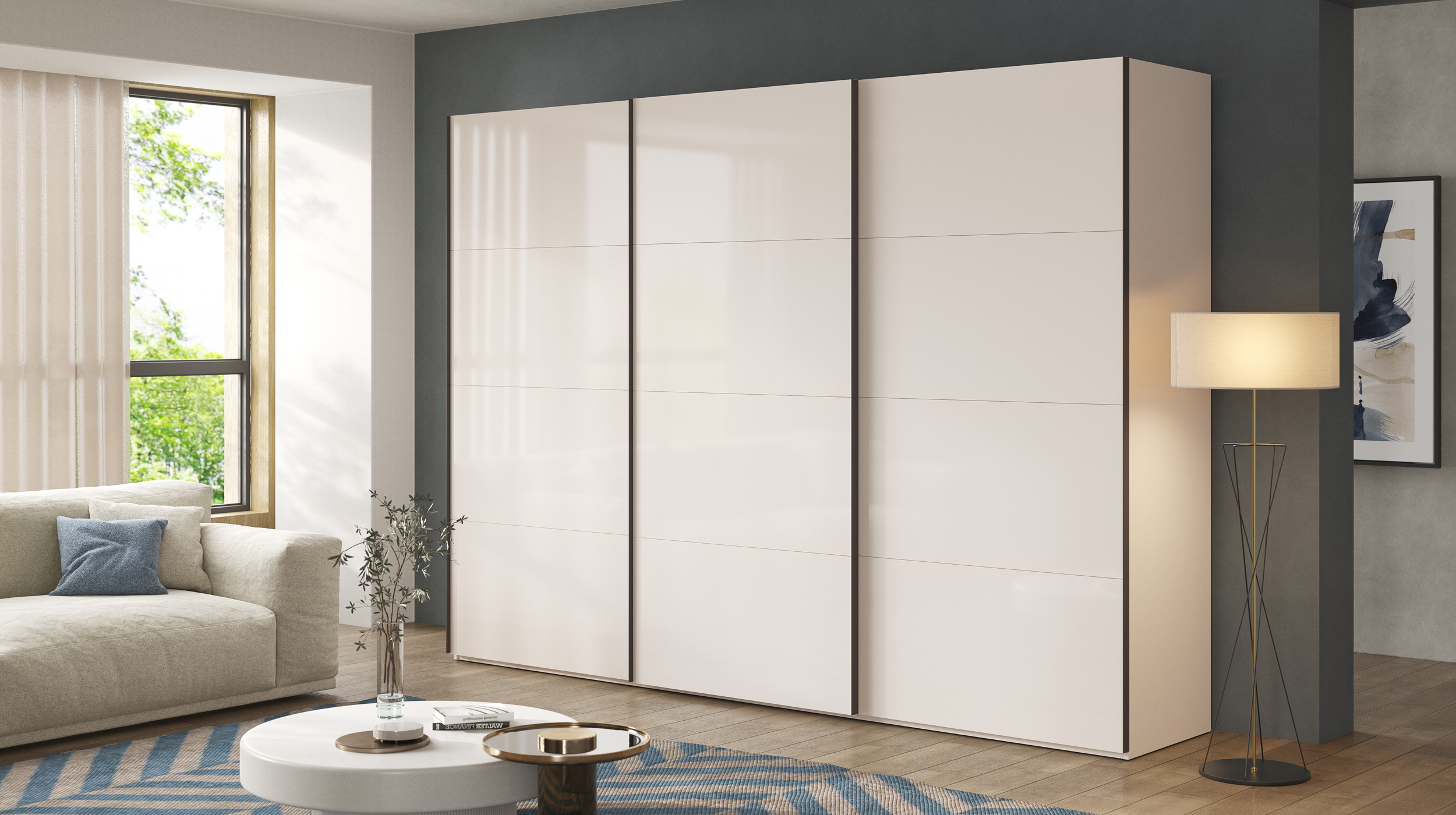 Schwebetürenschrank beige hochglanz - 304 cm - SYSTEMA