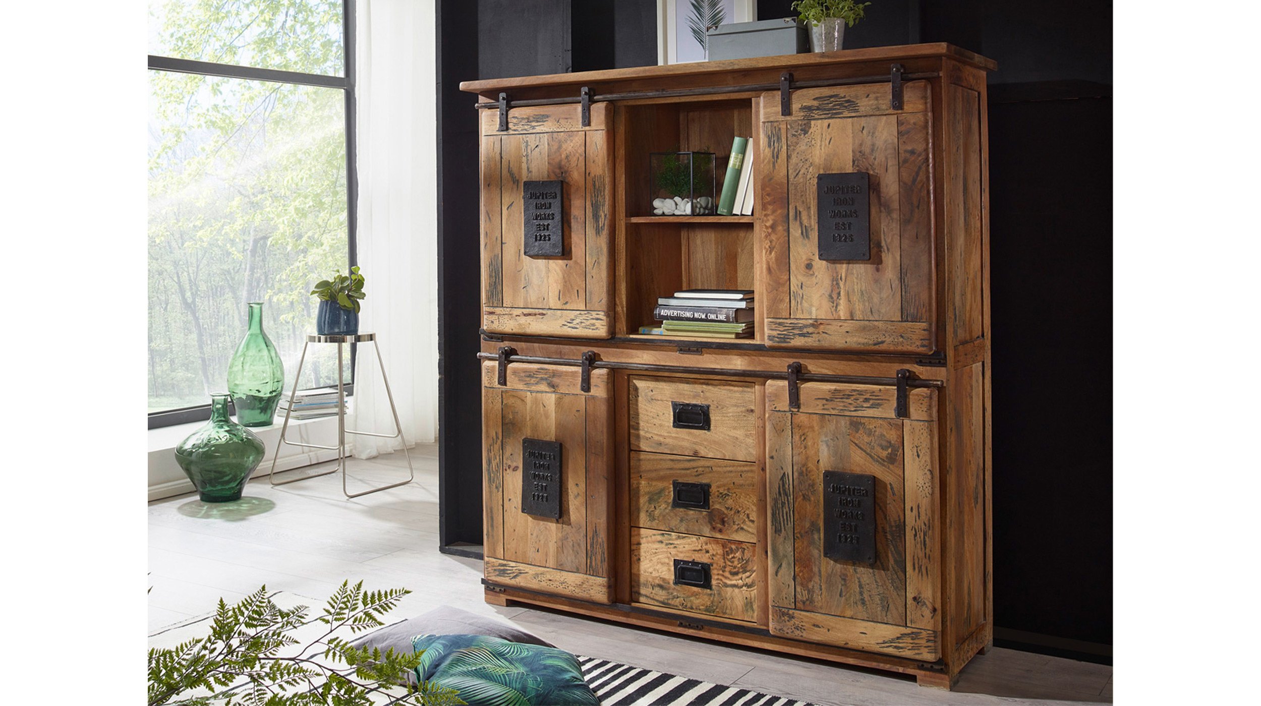 Highboard mit 4 Rolltüren Mango massiv 150 cm - EMANUEL