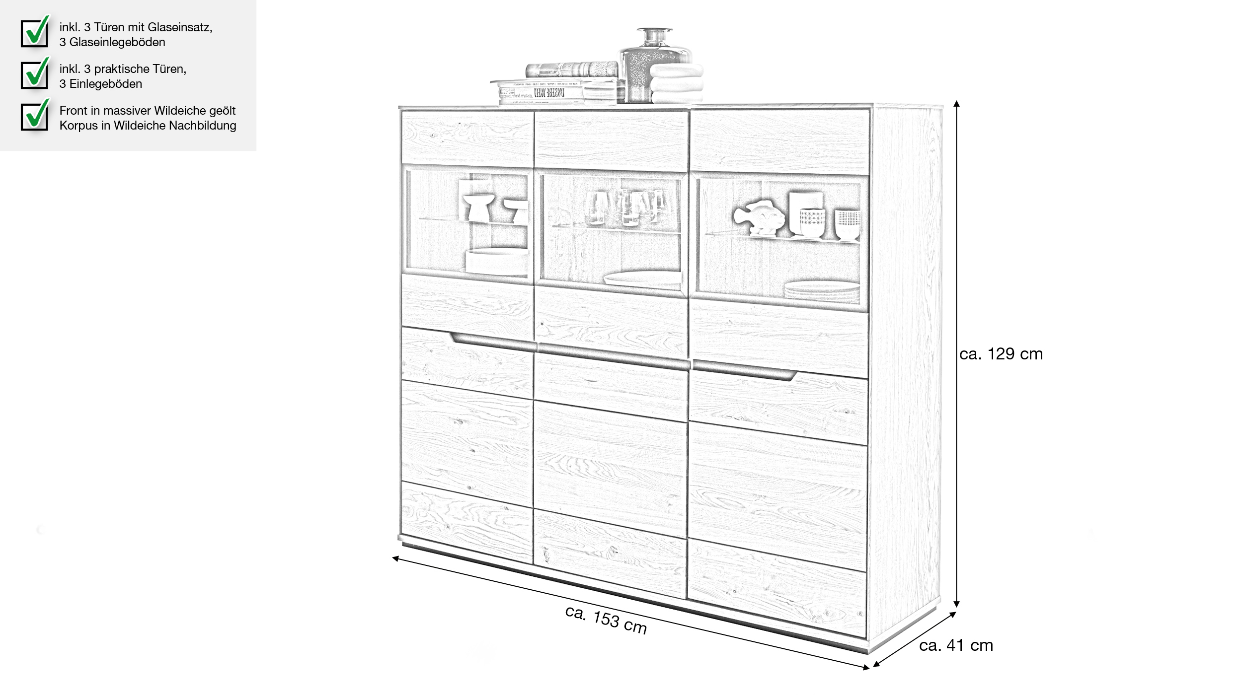 Highboard mit Glastüren Wildeiche geölt teilmassiv 153 cm - ARAYA
