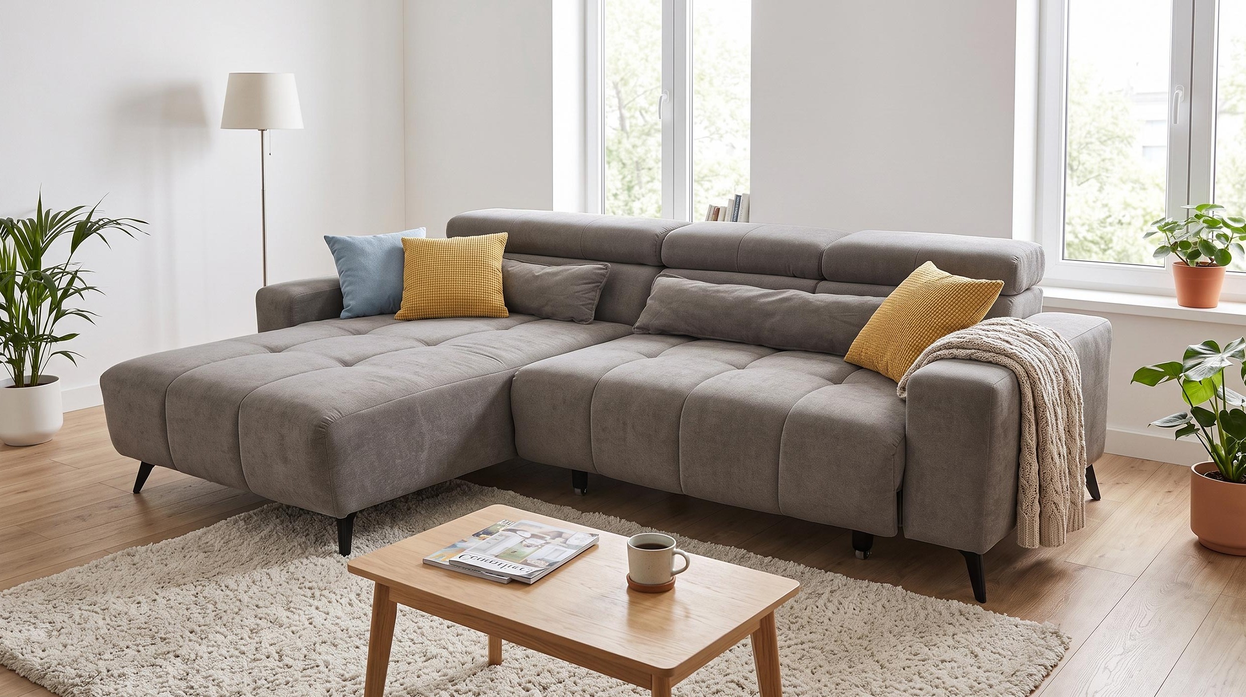 Ecksofa grau 267 cm mit XXL-Sitztiefenverstellung - OT links - BALI