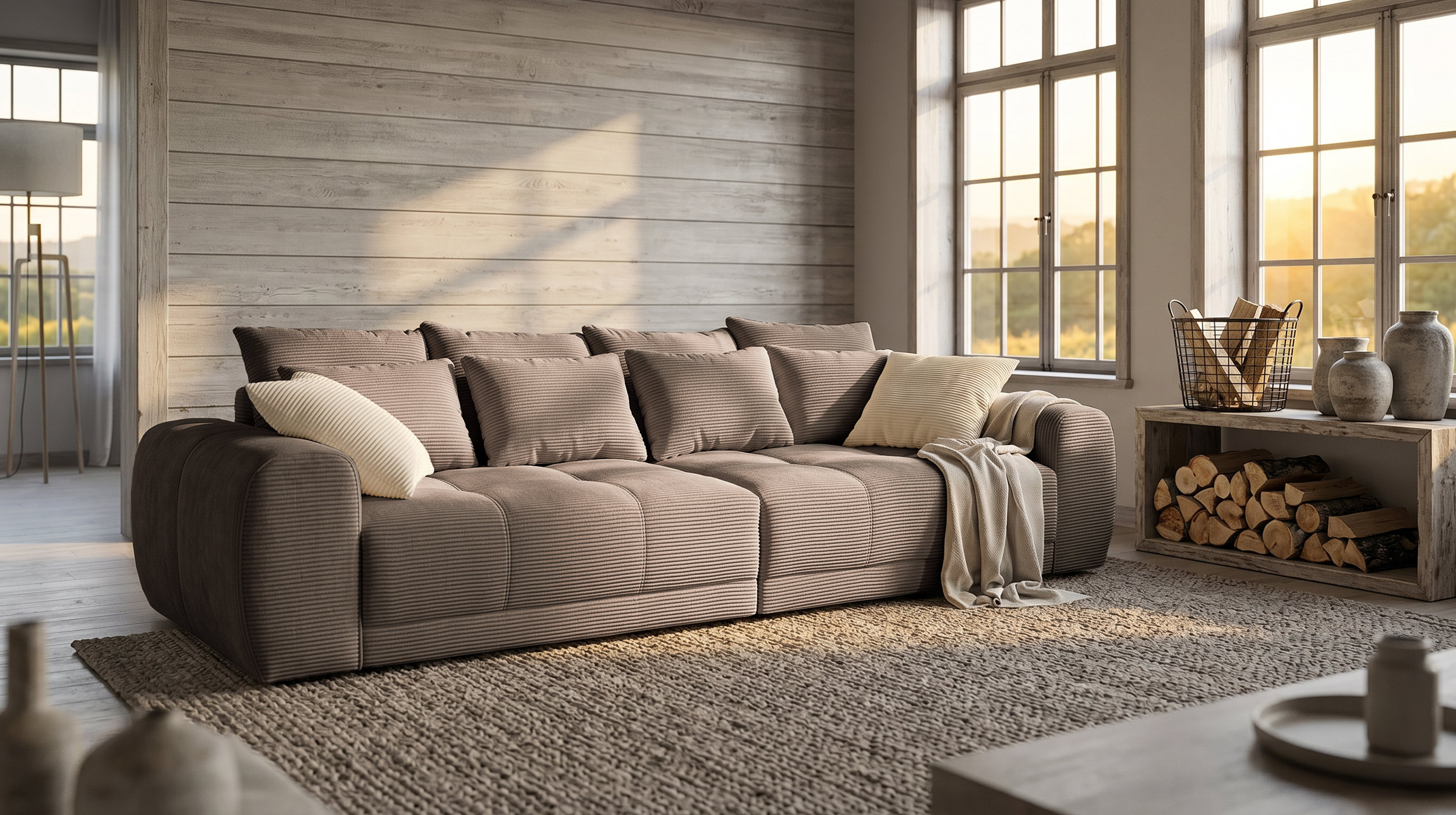 Big Sofa Cord taupe - 308 cm - Federkern - JANNI