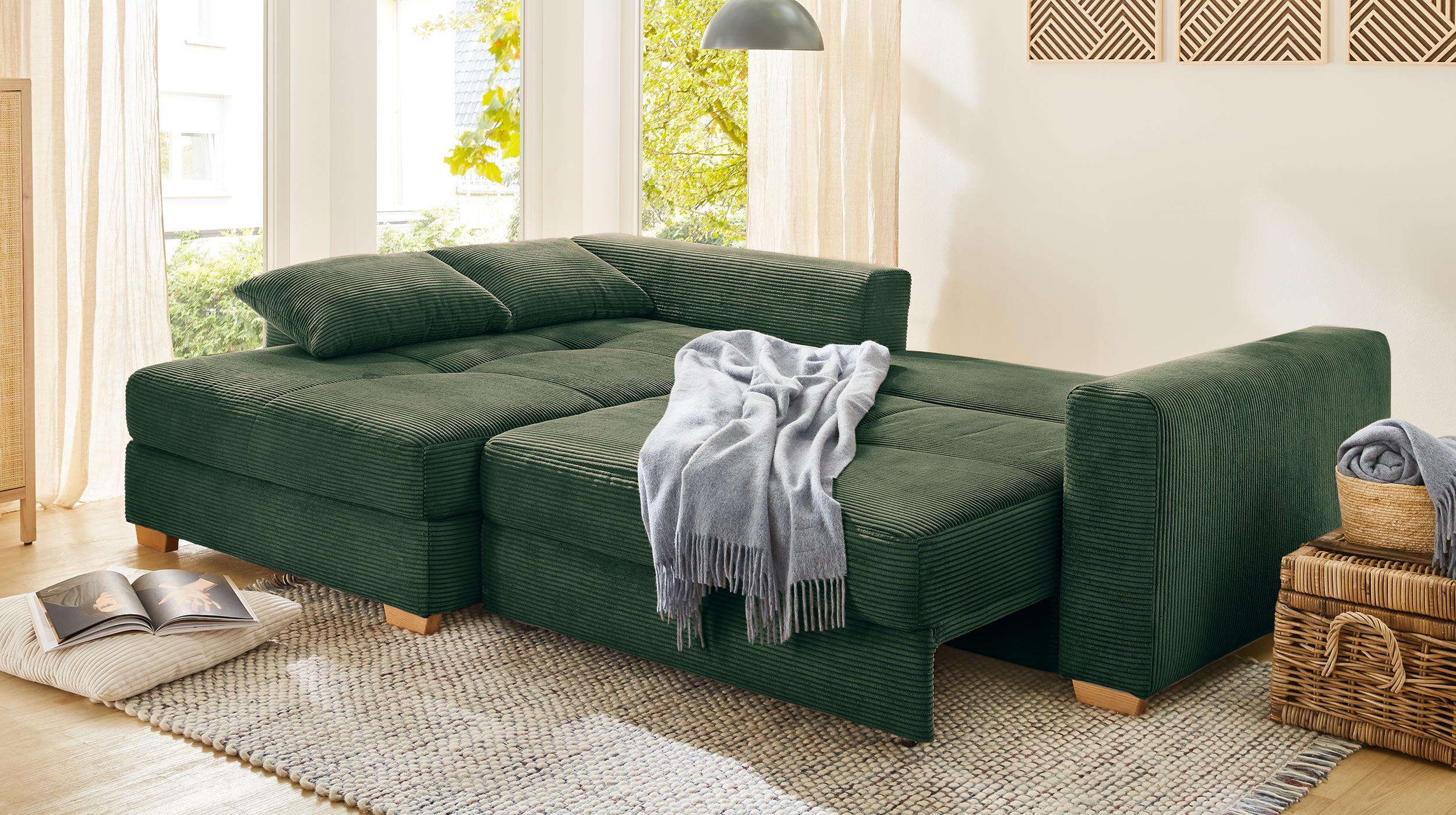 Ecksofa Cord grün Schlaffunktion Bettkasten 288 x 186 cm - KAMPEN