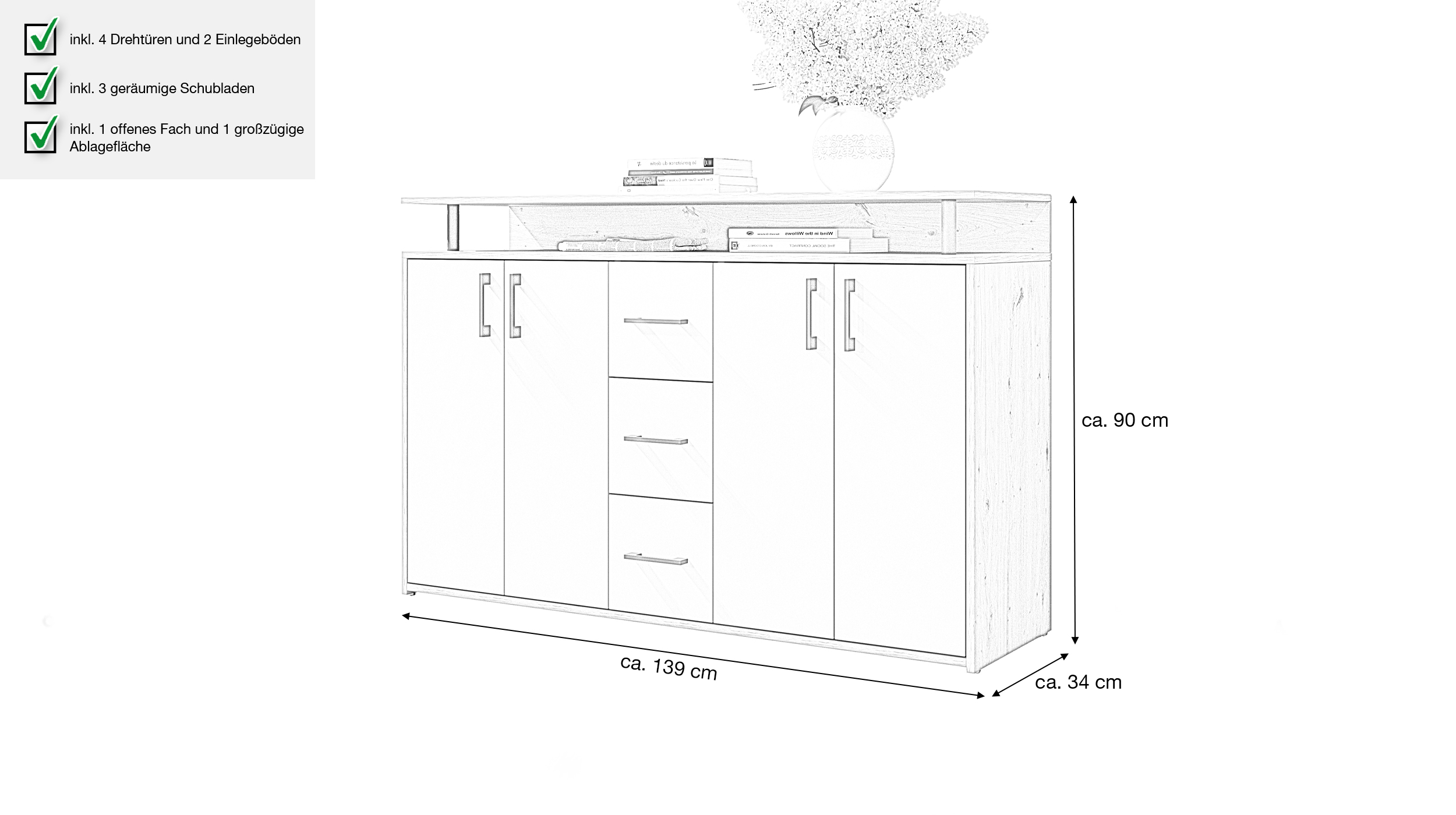 Highboard 4 Türen 3 Schubladen Artisan Eiche beige 139 cm - DRIFT