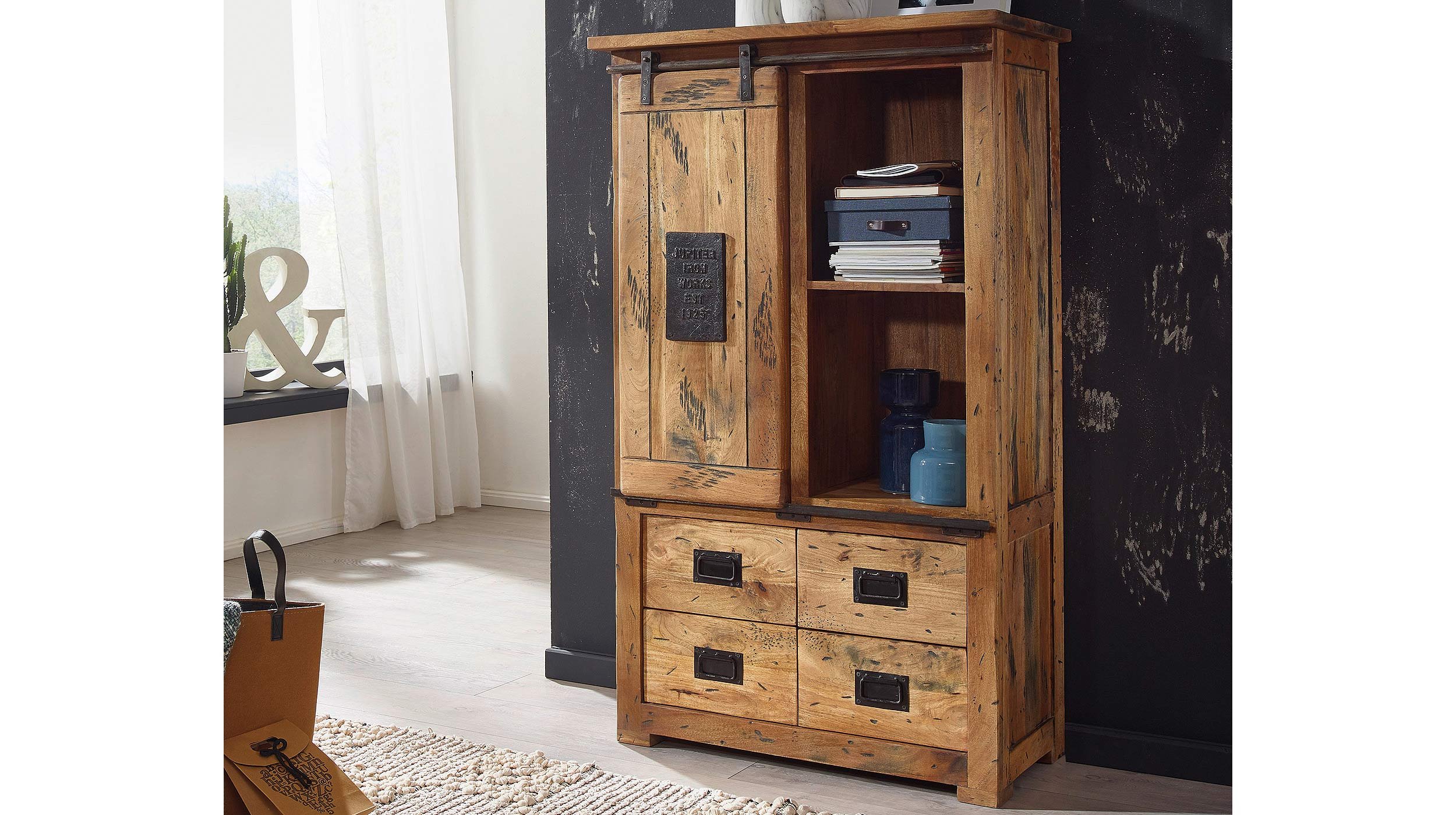 Highboard mit 1 Rolltür Mango massiv 90 cm - EMANUEL