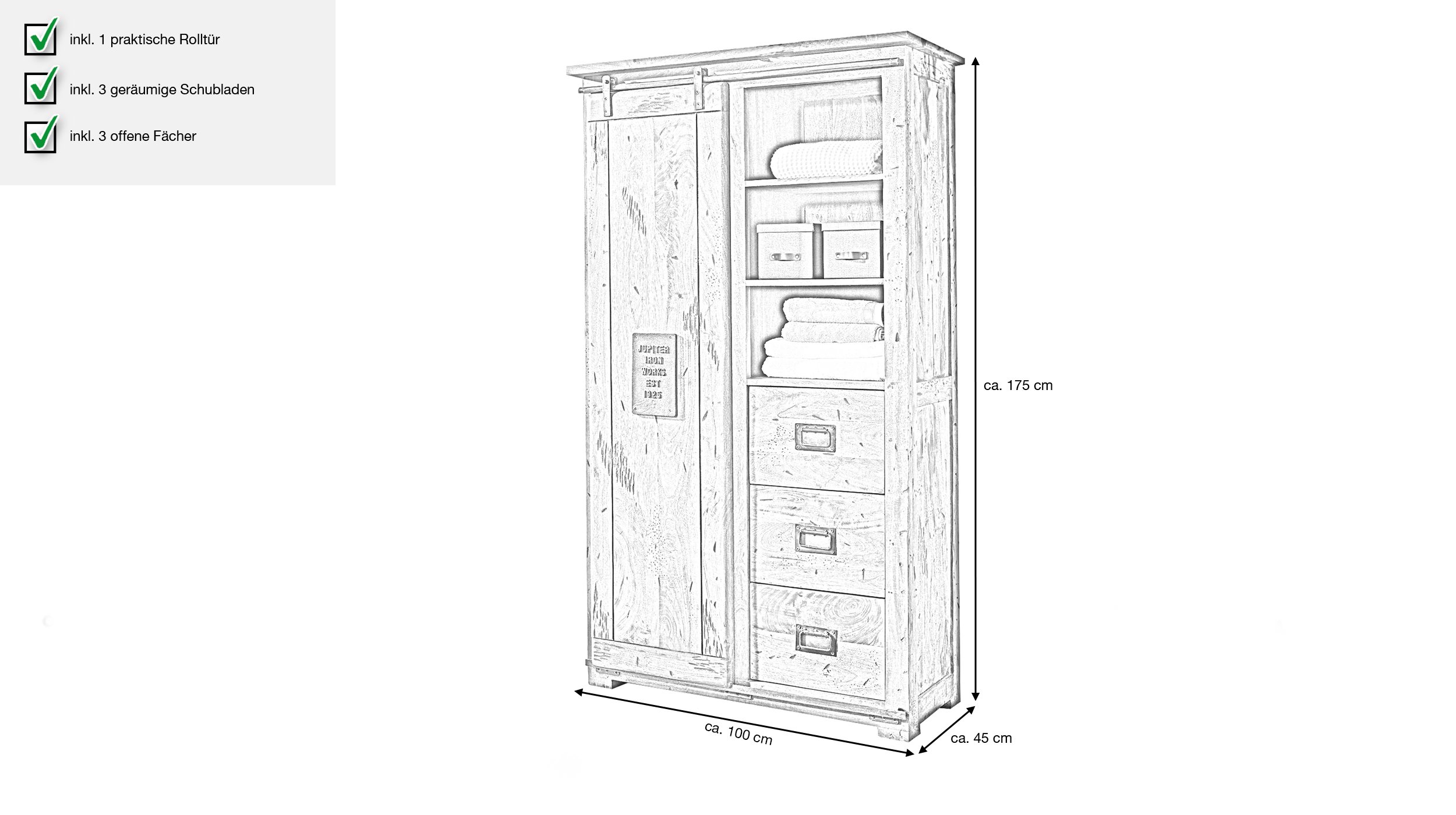 Garderobenschrank 1 Rolltür Mango massiv 100 cm - EMANUEL