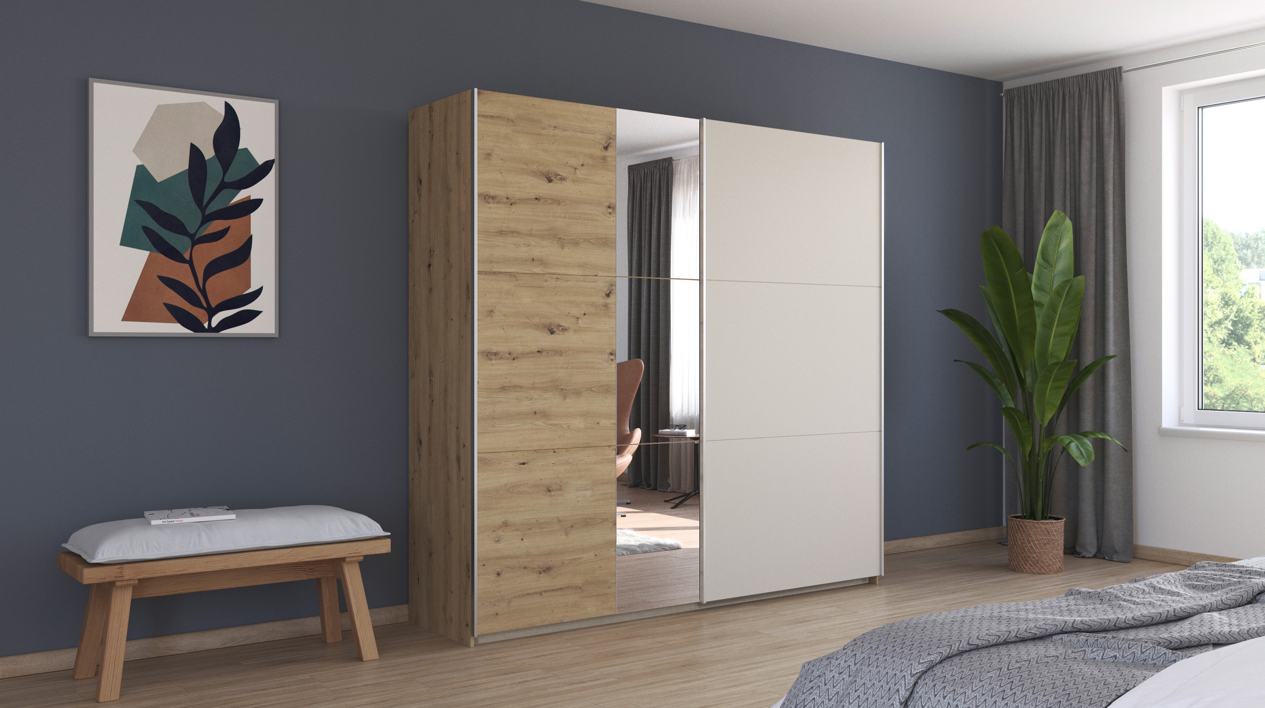 Schwebetürenschrank beige Eiche Spiegel 218 cm - rauch - MONTARIO
