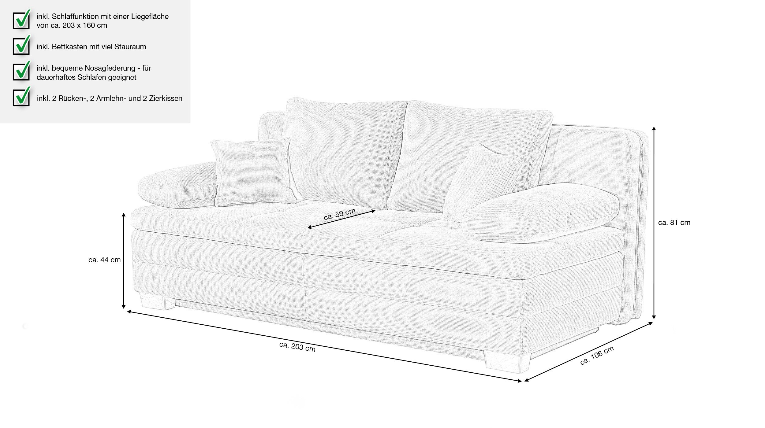 Schlafsofa Bettkasten Dauerschläfer grau Federkern 203 cm - LINDAU