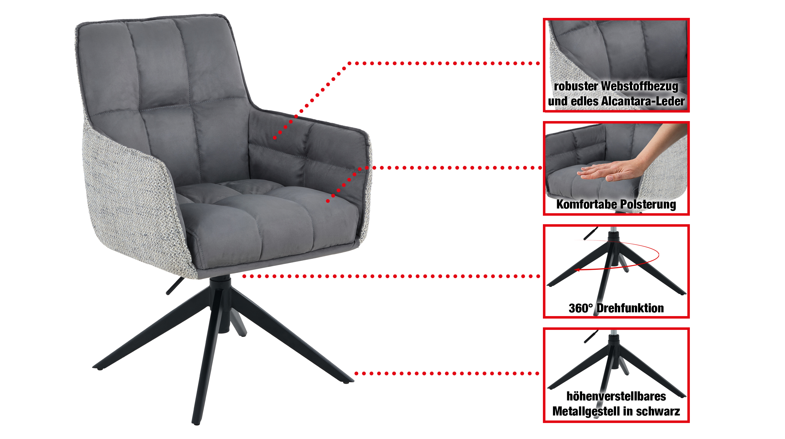 Armlehnstuhl grau Drehstuhl Alcantara-Leder Webstoff - POMBA