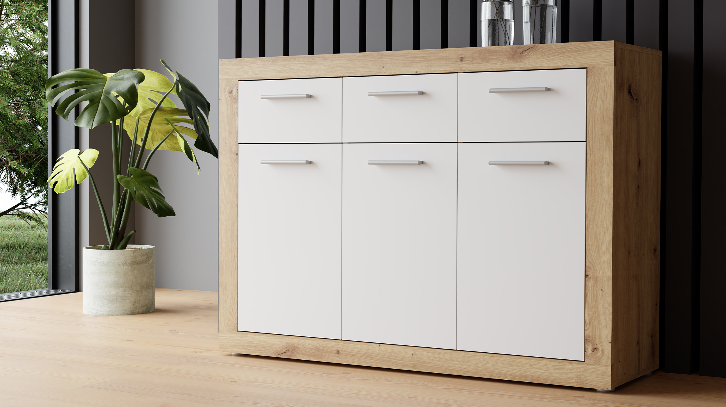 Kommode Artisan Eiche - weiß 118 x 92 cm 3-türig - BACCIO