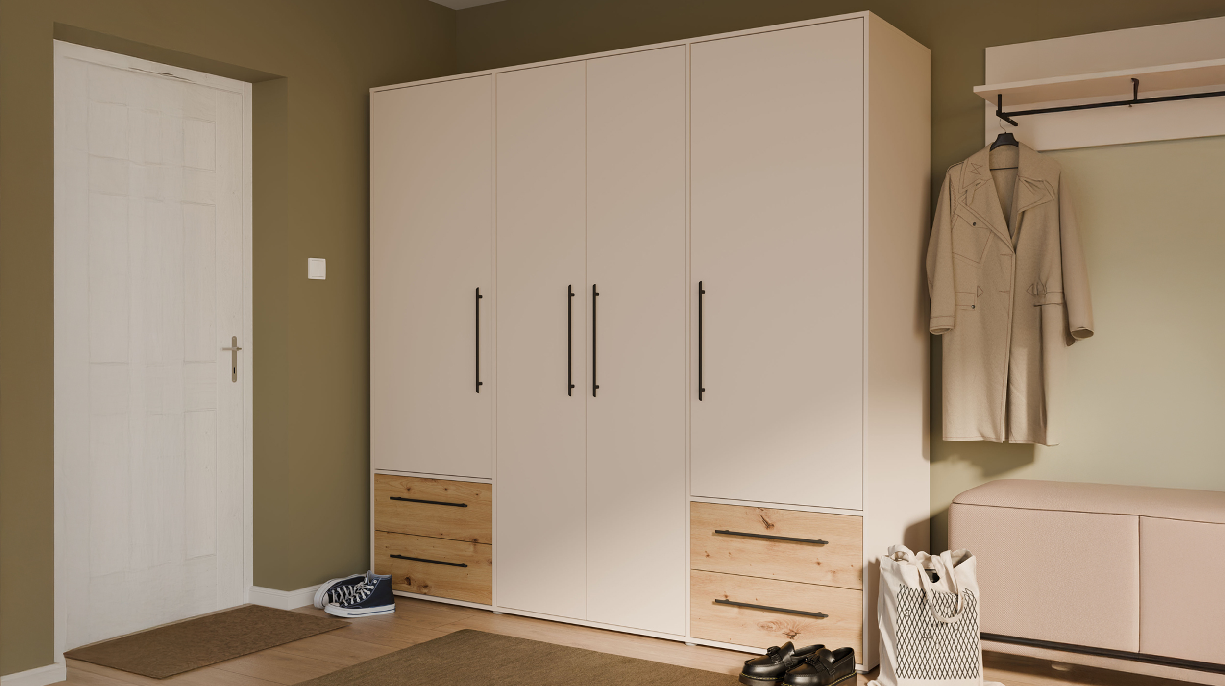 Kleiderschrank beige Artisan Eiche - 206 cm - 4 Türen - MOKKARIS