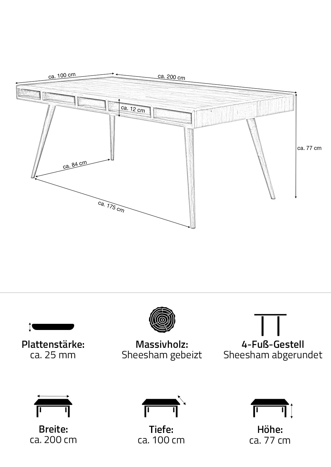 Esstisch massives Sheesham-Holz gebeizt Ablagefläche 200 cm - RYKKE