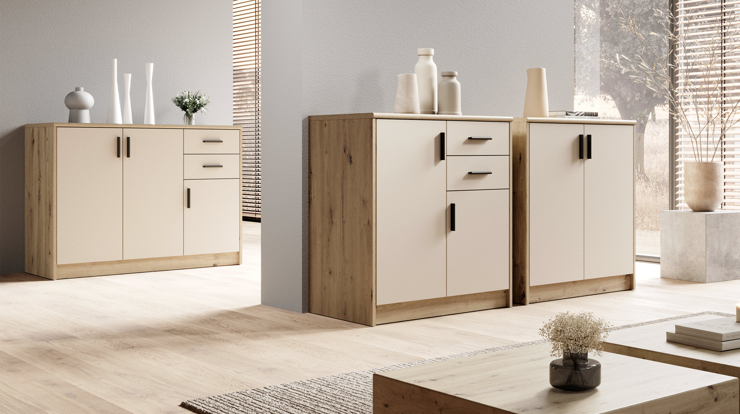 Kommode beige - Artisan Eiche 74 x 50 cm - 2-türig - NELLY