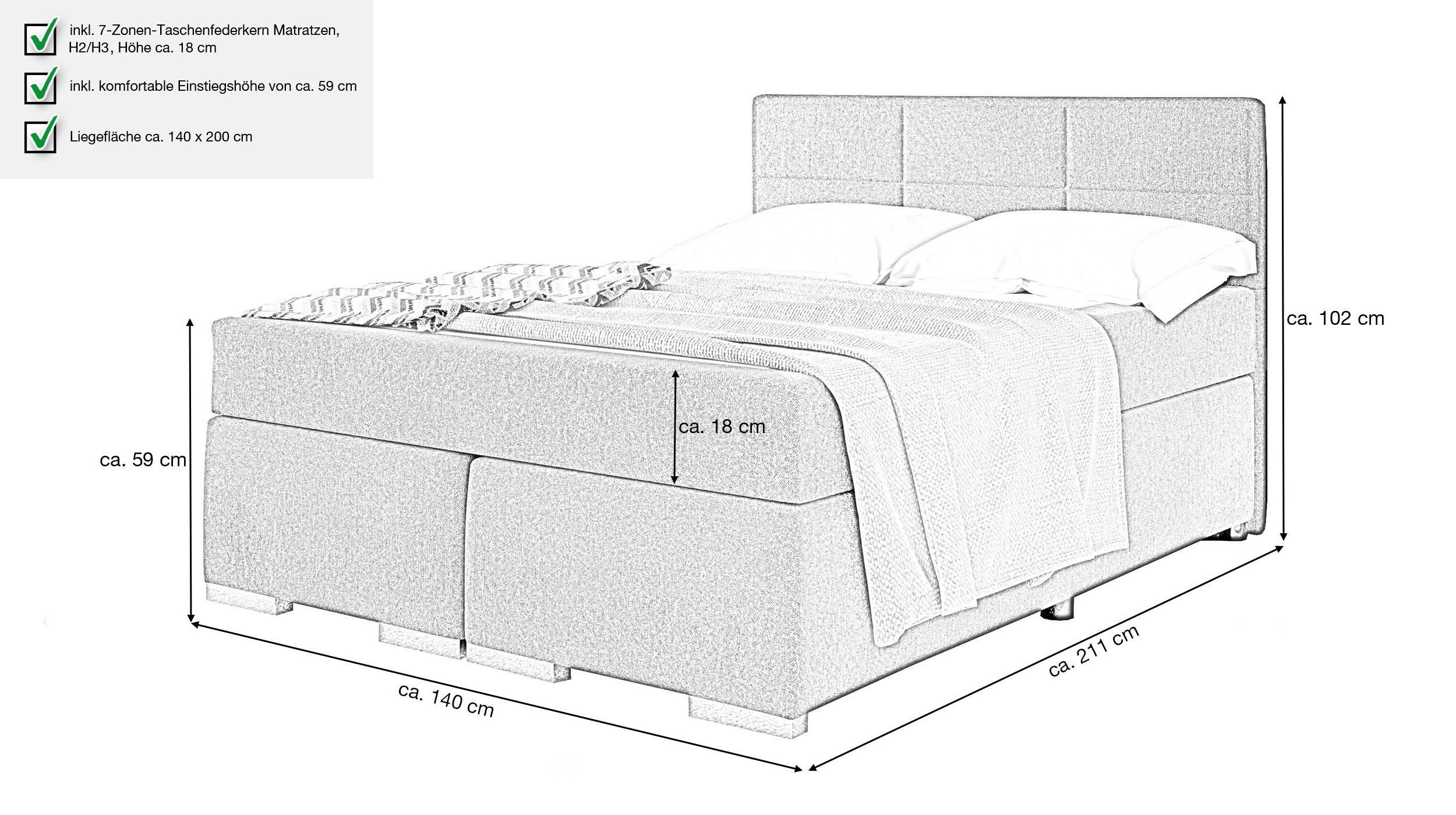 Boxbett 140 x 200 cm grau Stoffbezug - ONE