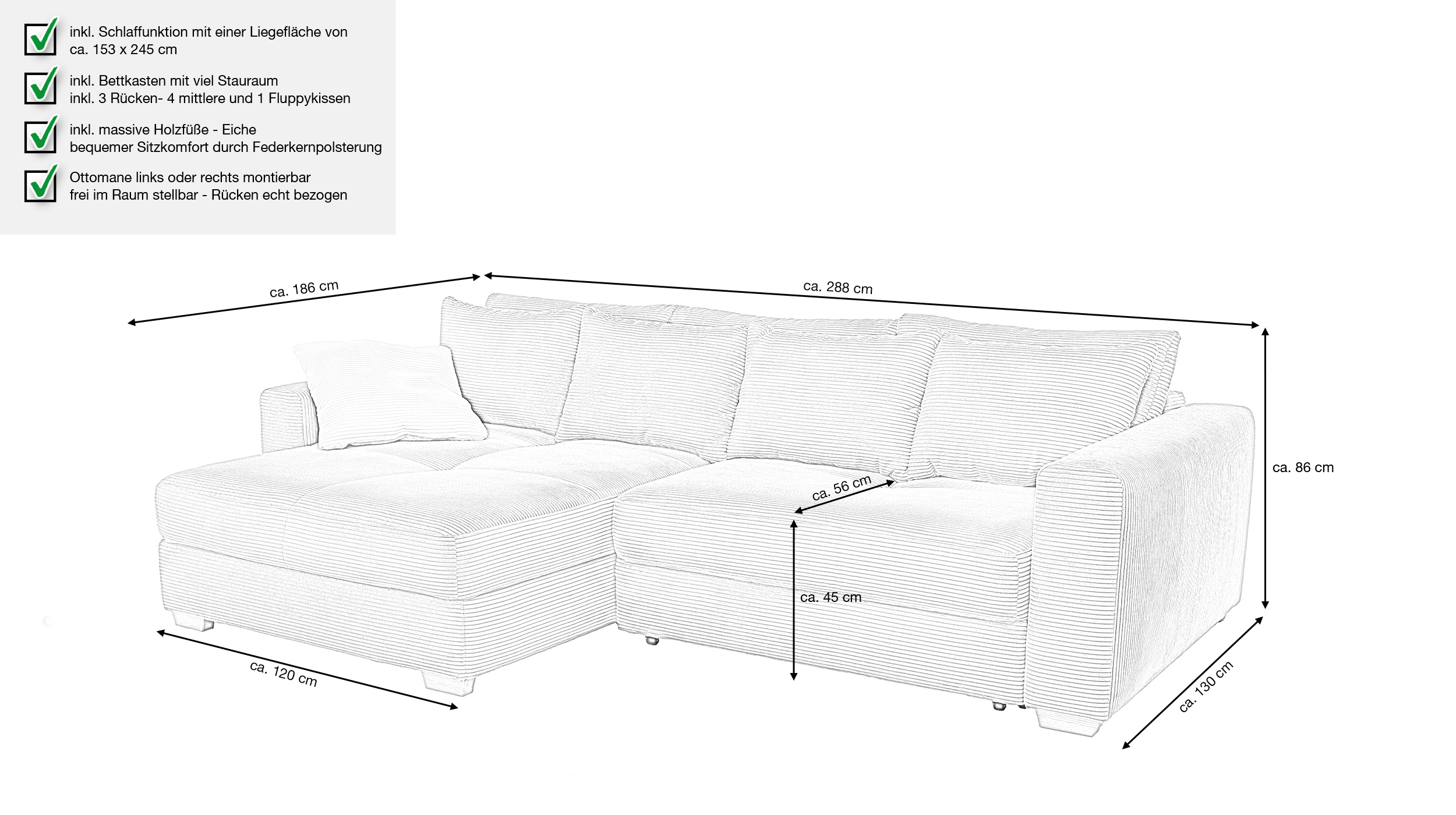 Ecksofa Cord rost Schlaffunktion Bettkasten 288 x 186 cm - KAMPEN