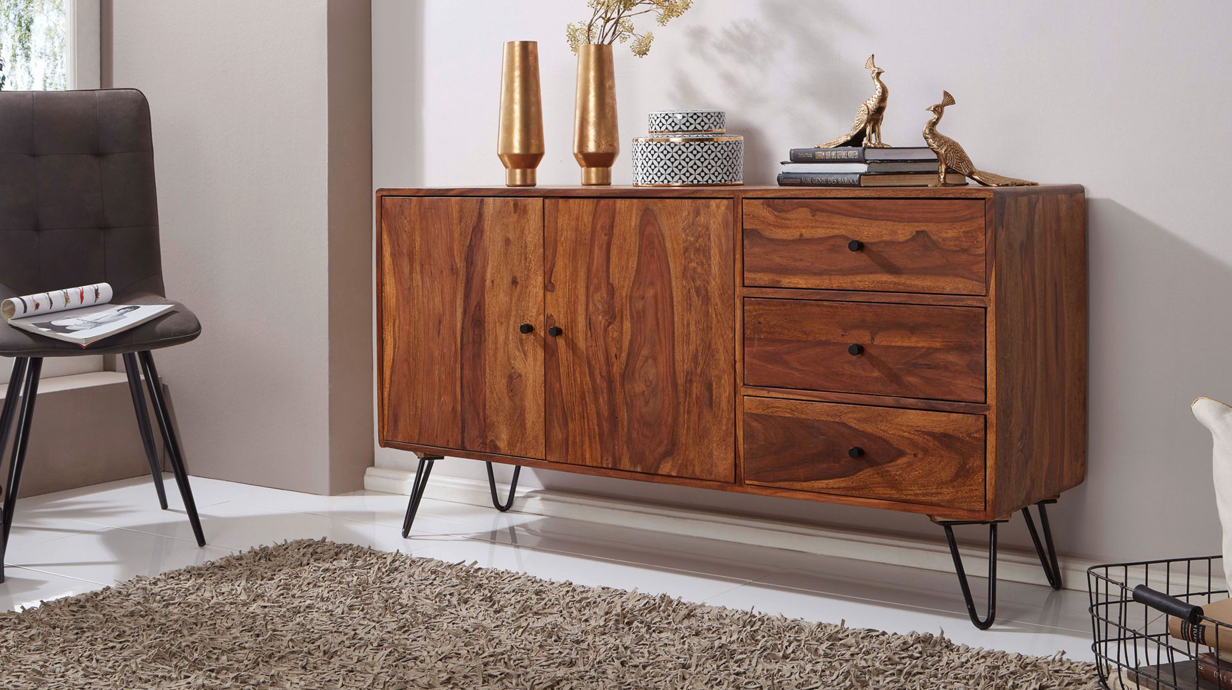 Sideboard 3 Schubladen Sheesham massiv 145 cm - BJARJKA