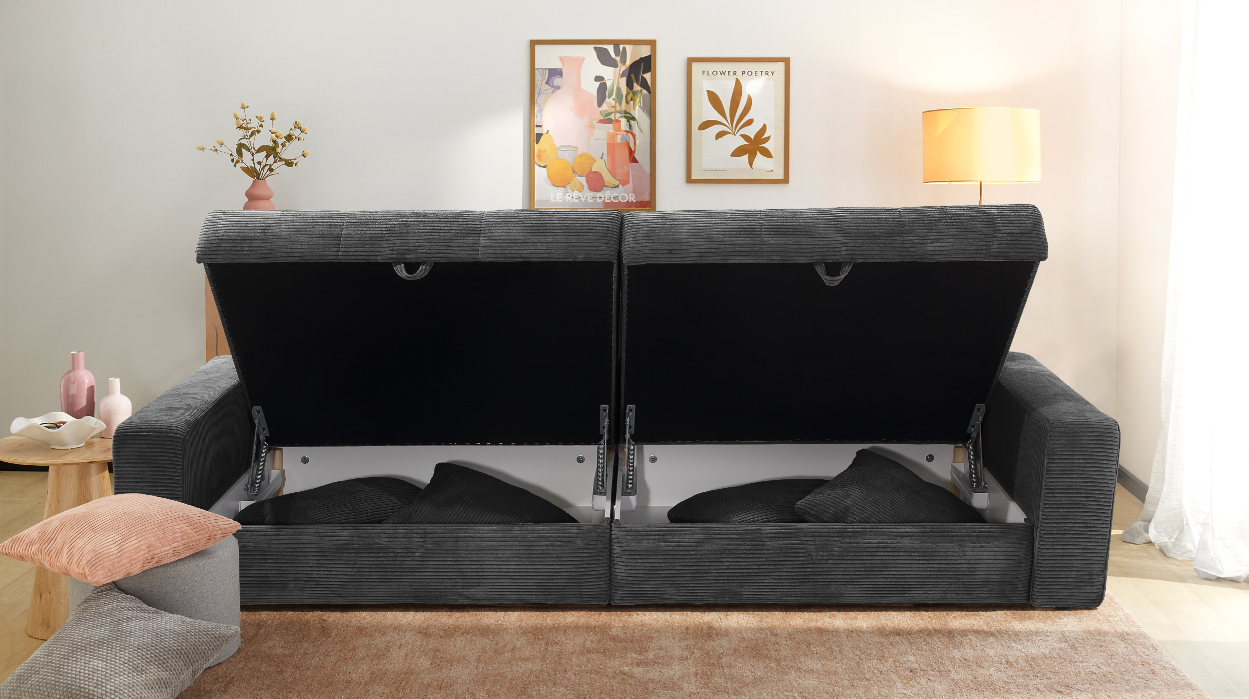 Big Sofa mit Bettkasten Cord grau 284 cm - BELSANO