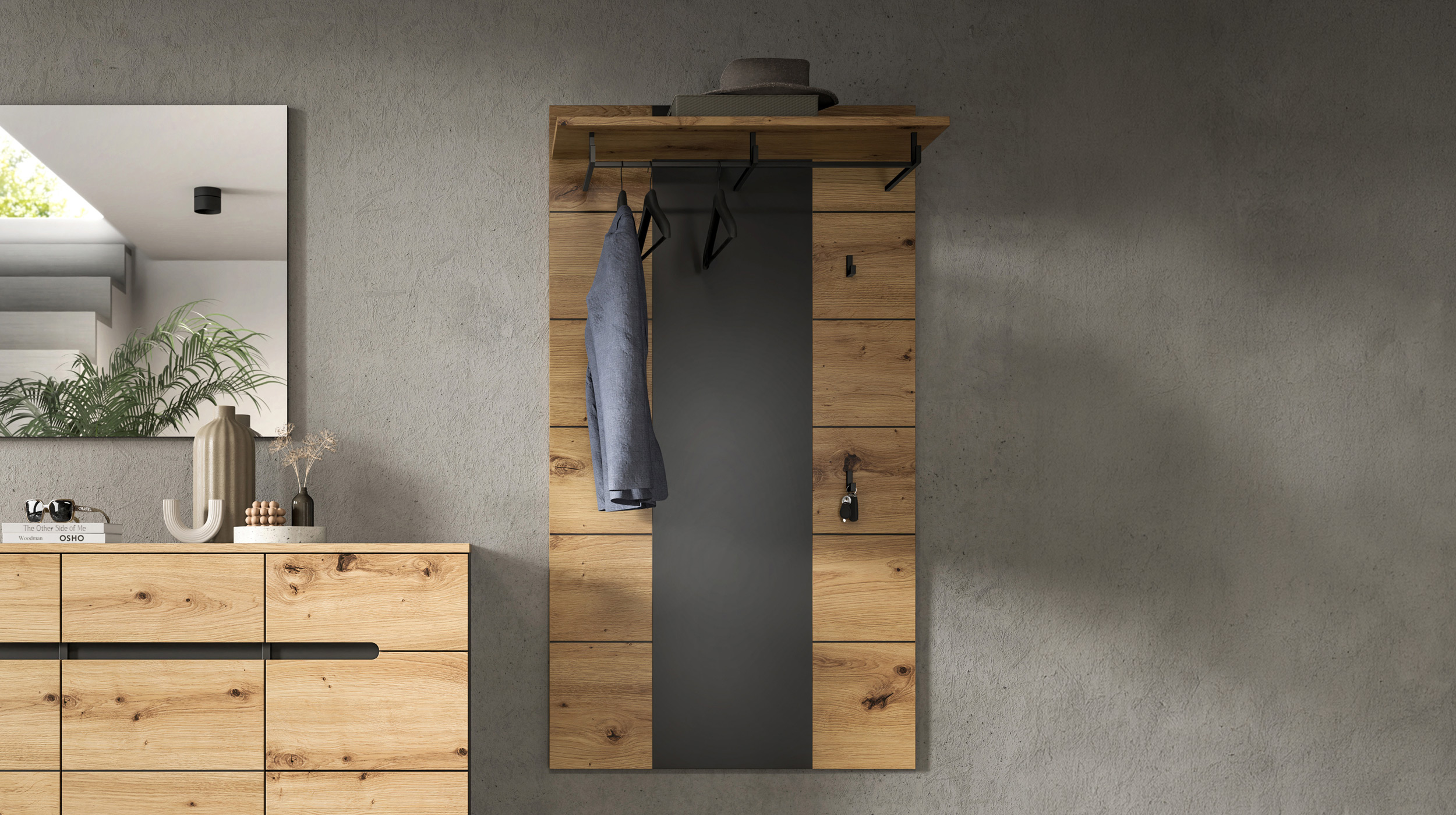 Wandgarderobe Paneel anthrazit Artisan Eiche 80 cm - CANU