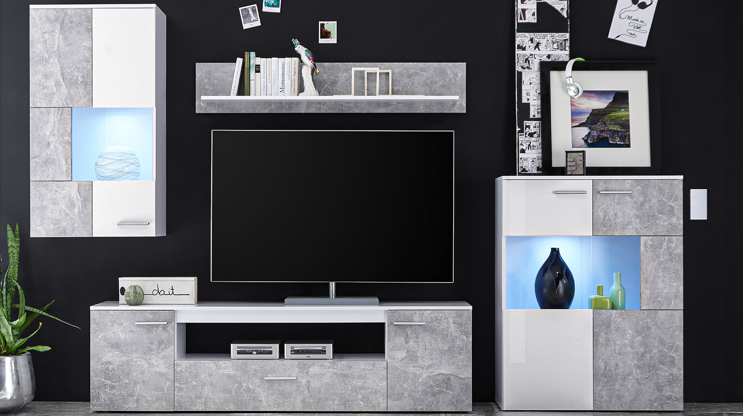 Wohnwand weiß - Betonoptik 290 cm mit LED-Beleuchtung - VULCAN