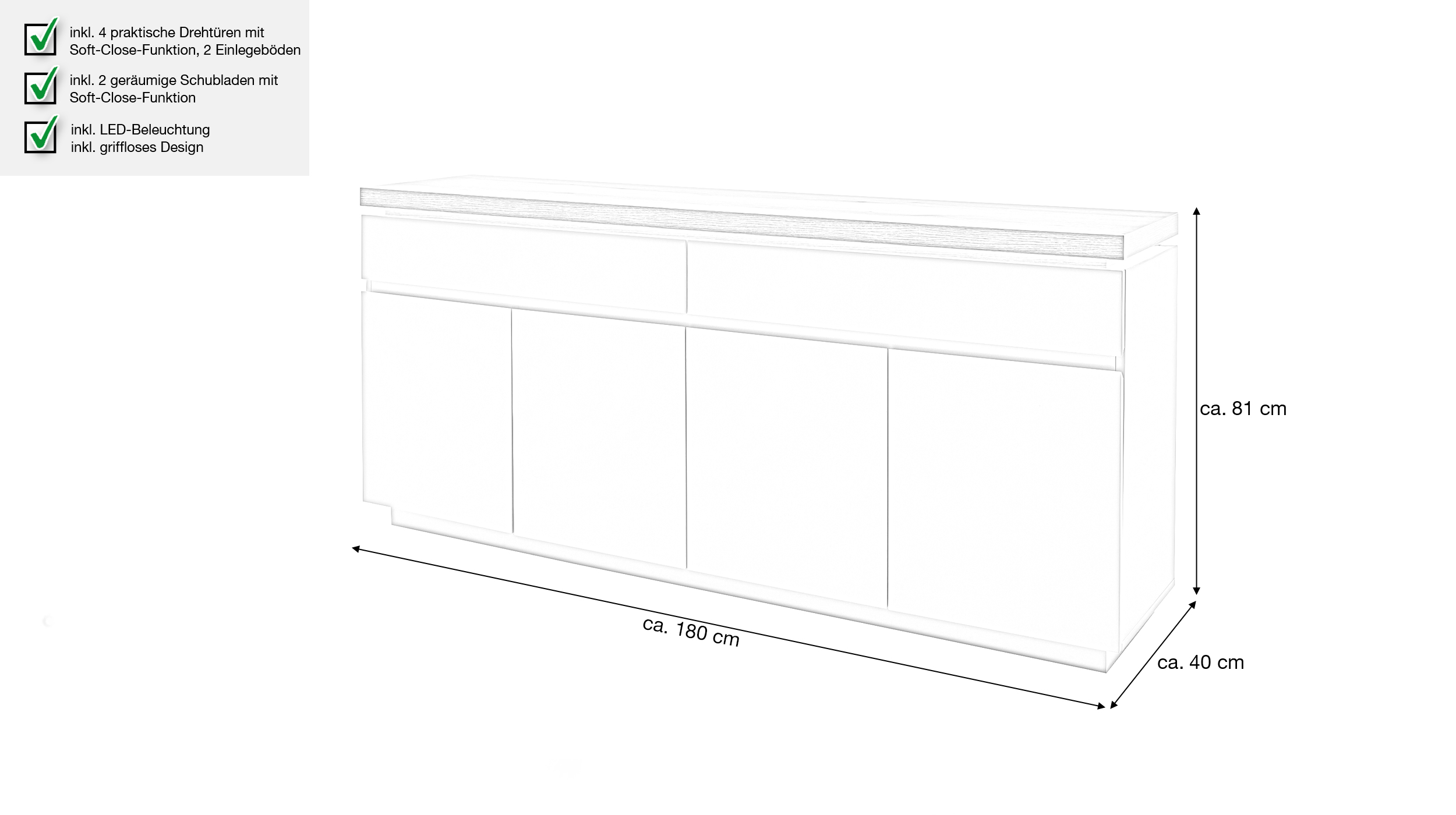Sideboard mit Beleuchtung beige - Evoke Eiche 180 cm - REMOLINO