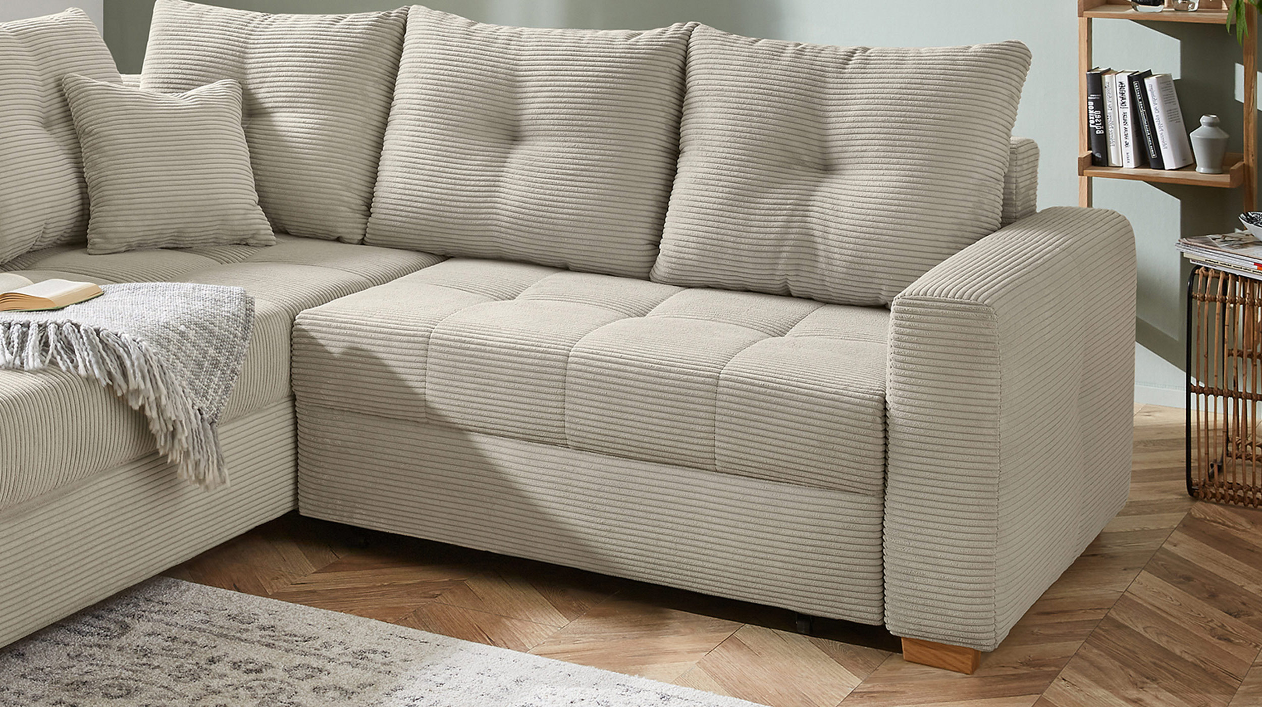 Ecksofa Cord grau-beige 228 cm - Schlaffunktion Bettkasten - HEIDELBERG