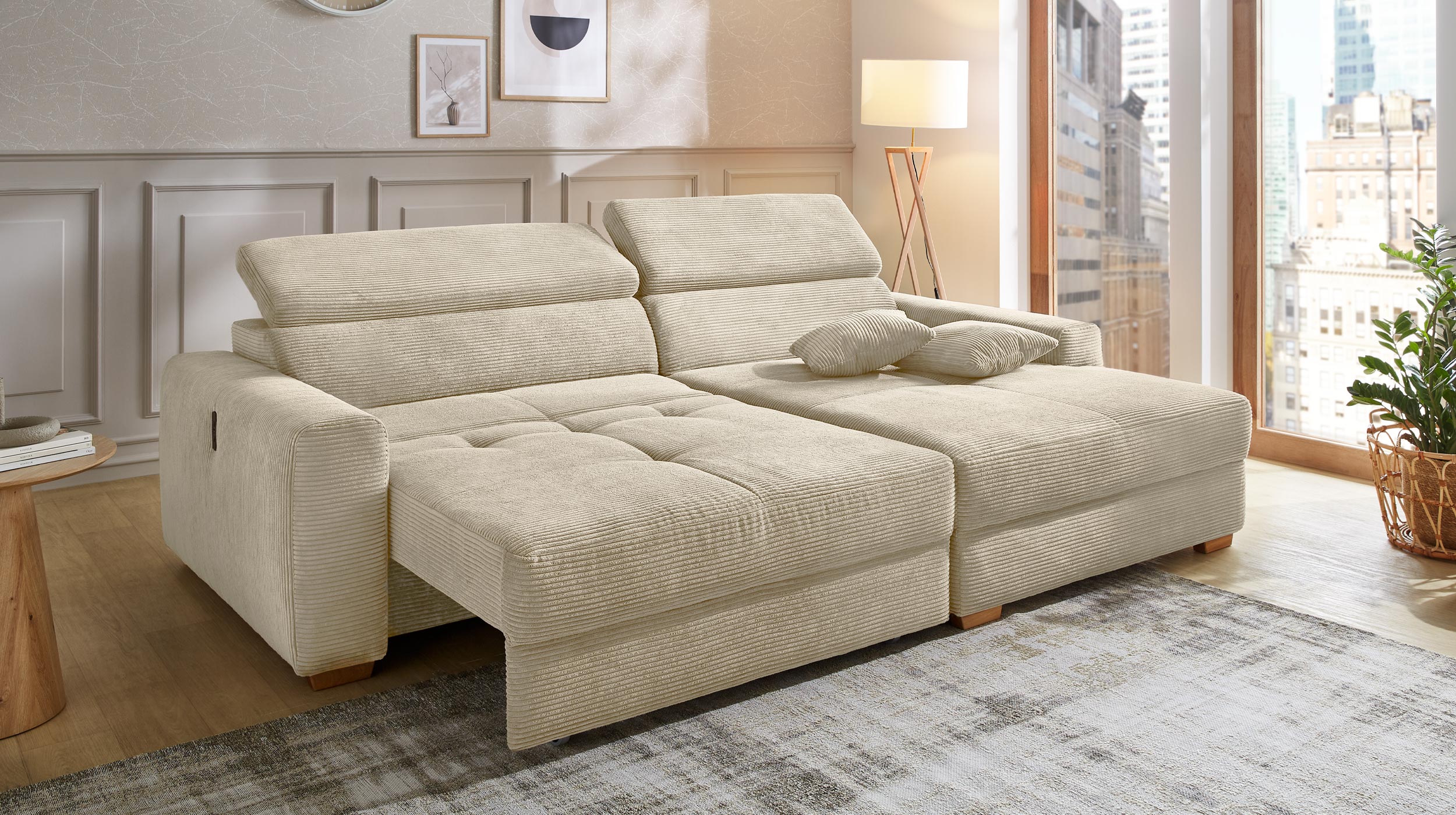 Ecksofa Cord elektrisch ausfahrbar grau-beige 277 cm - SLIDER