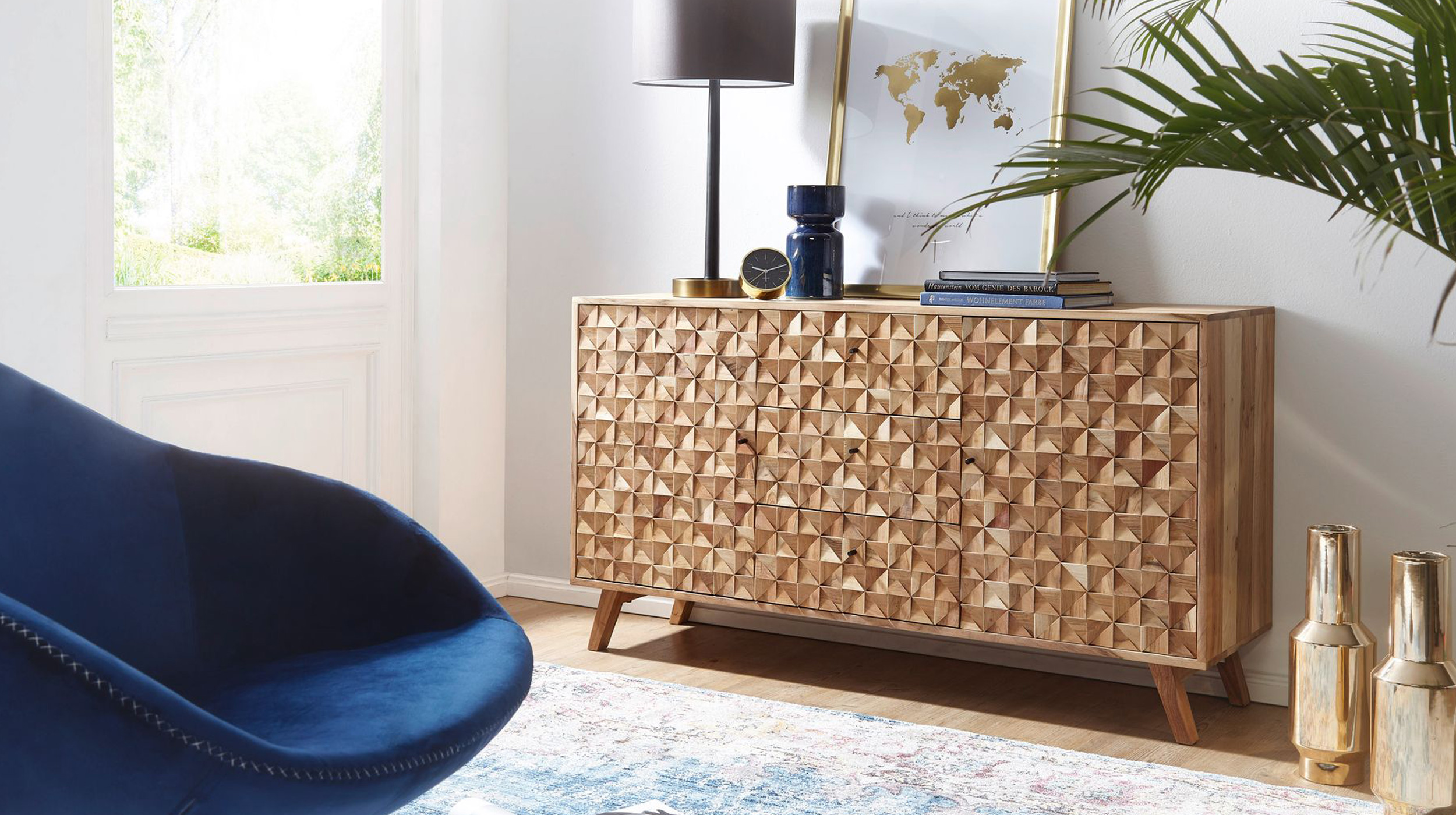 Sideboard 3 Schubladen aus massiver Akazie lackiert 140 cm - REIDAR
