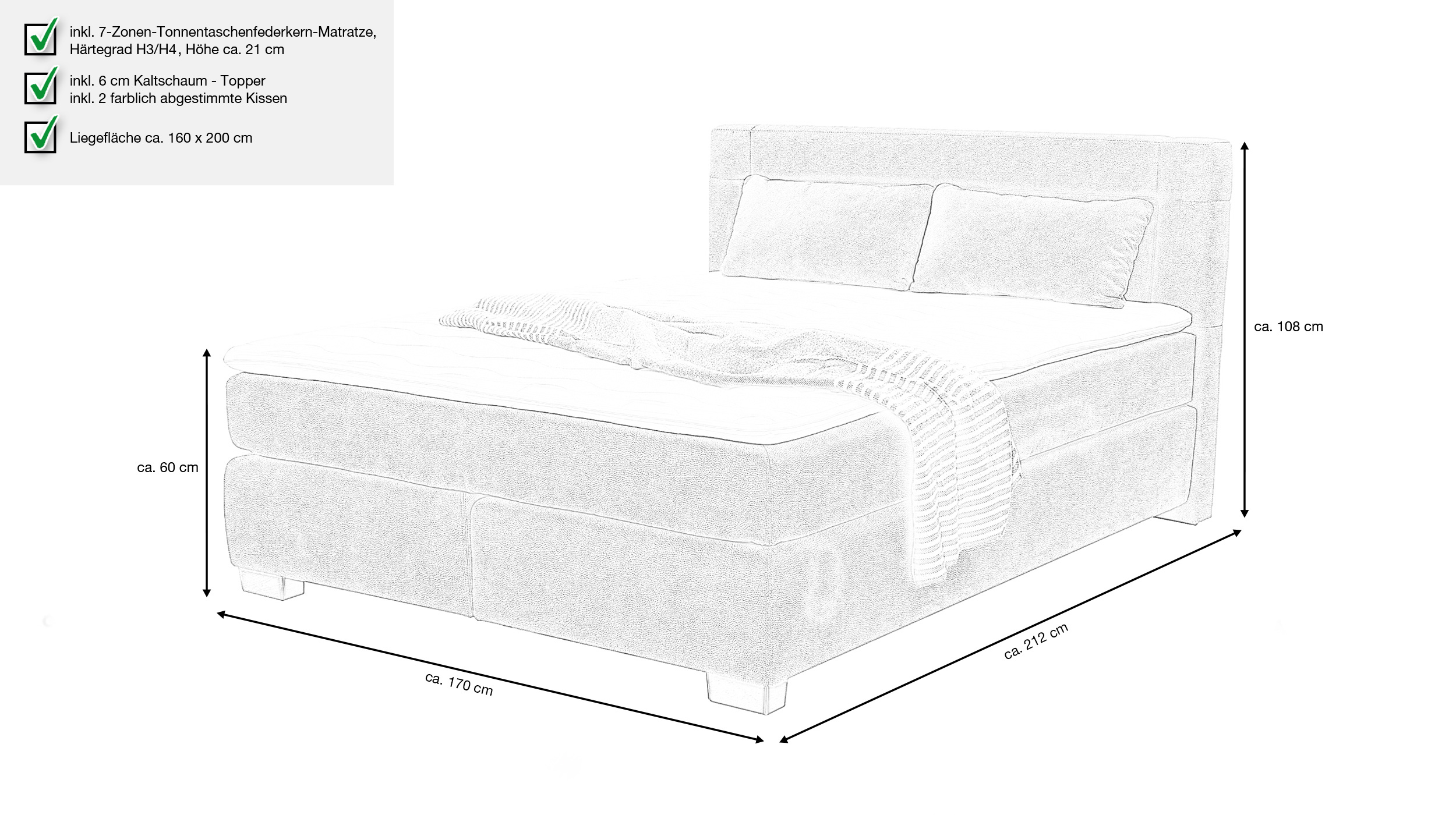 Boxspringbett 160 x 200 cm grau H3/H4 - ROMANA - MIX