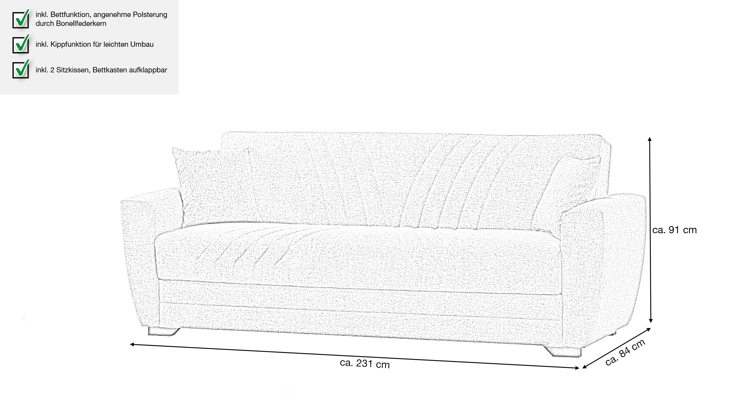 Einzelsofa grau Schlaffunktion ausziehbar 3-Sitzer 231 cm - ACUN
