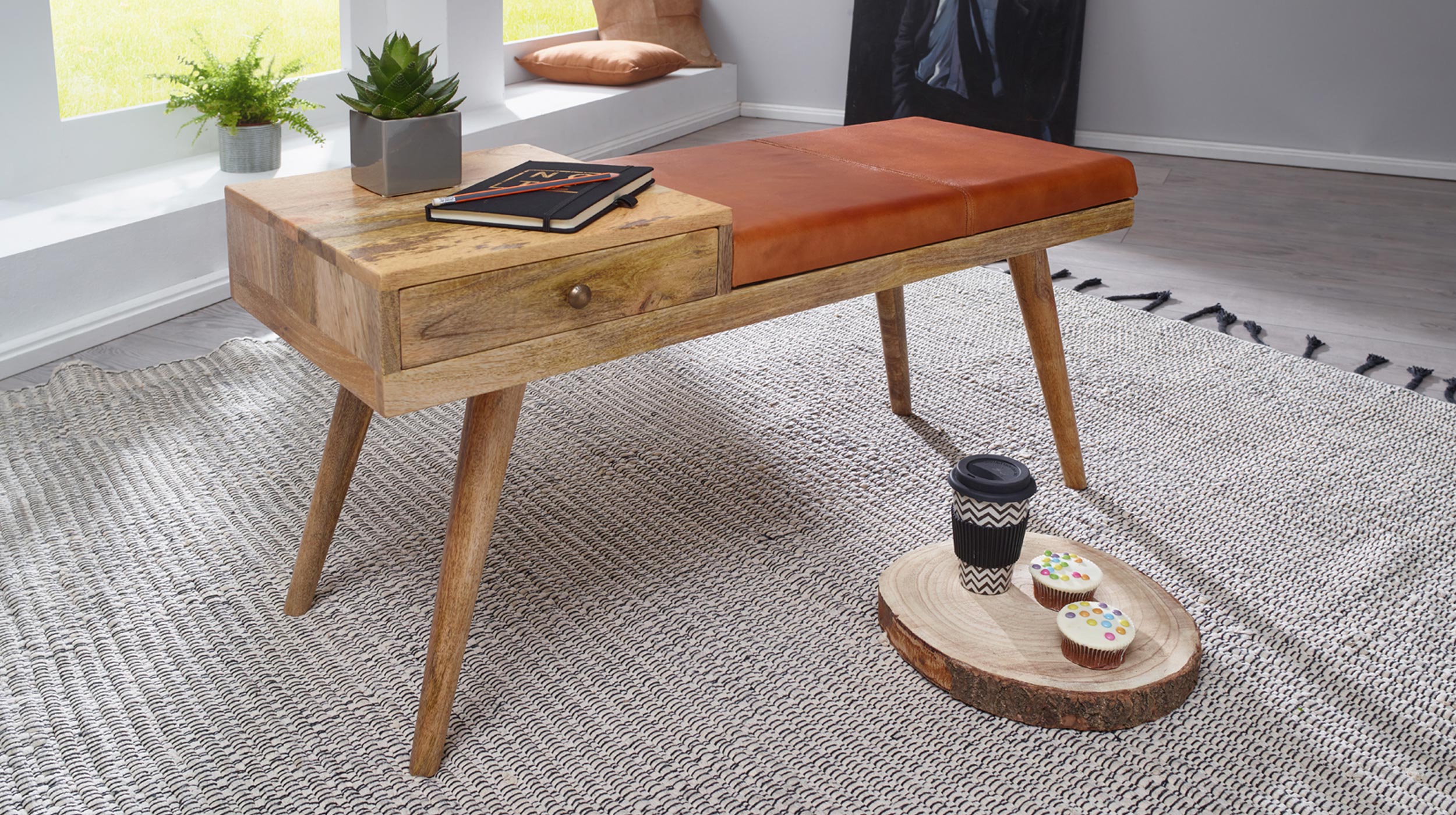 Sitzbank mit Schublade 100 cm Mangoholz massiv - Leder - ELKA