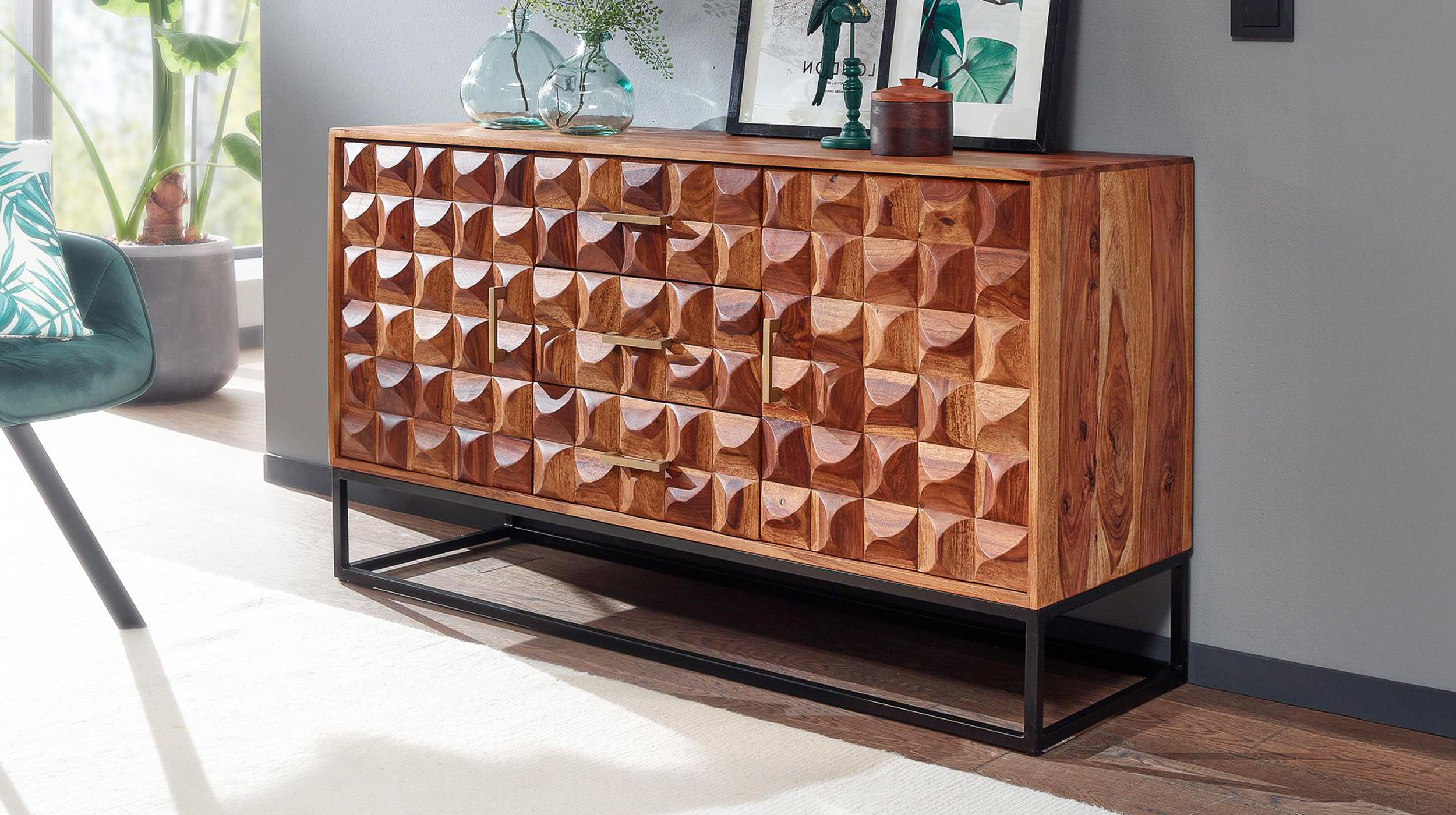 Sideboard mit 3 Schubladen Sheesham massiv gebeizt 145 cm - LENE