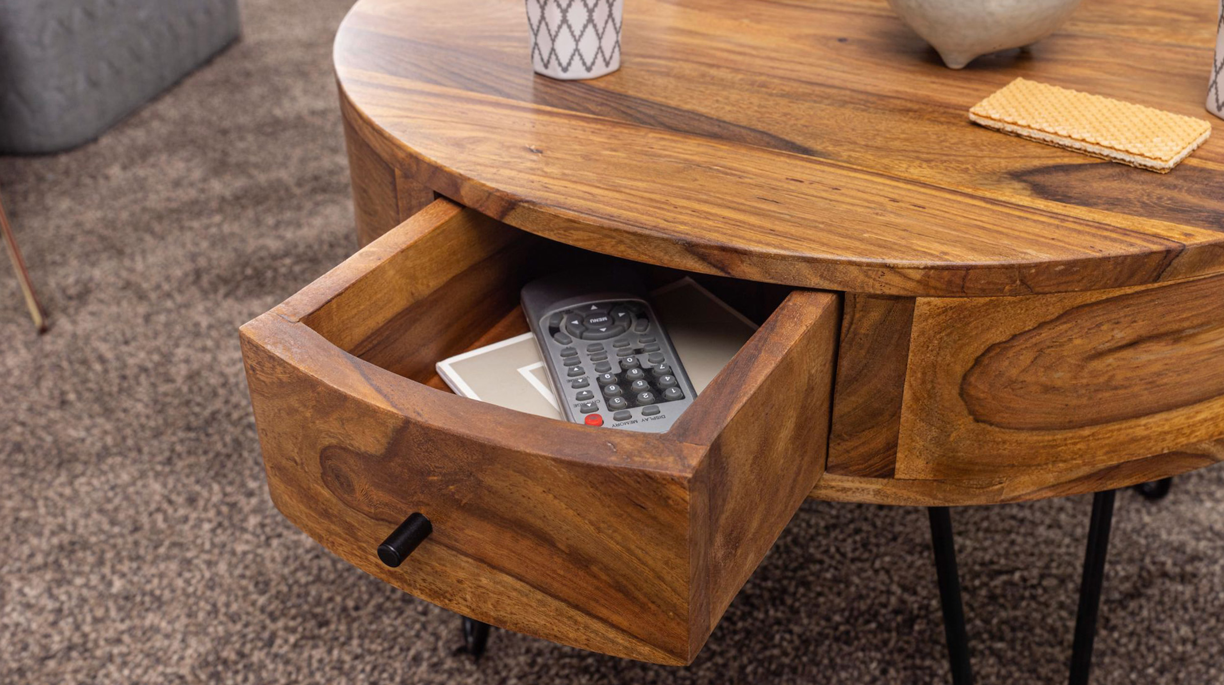 Couchtisch rund mit Schublade Sheesham massiv gebeizt 60 cm - THORE
