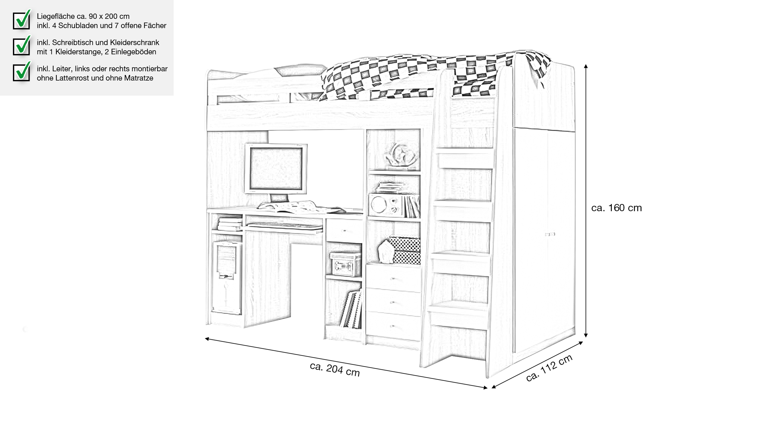 Hochbett mit Schreibtisch 90 x 200 cm Eiche - weiß Kinderbett - UNIT