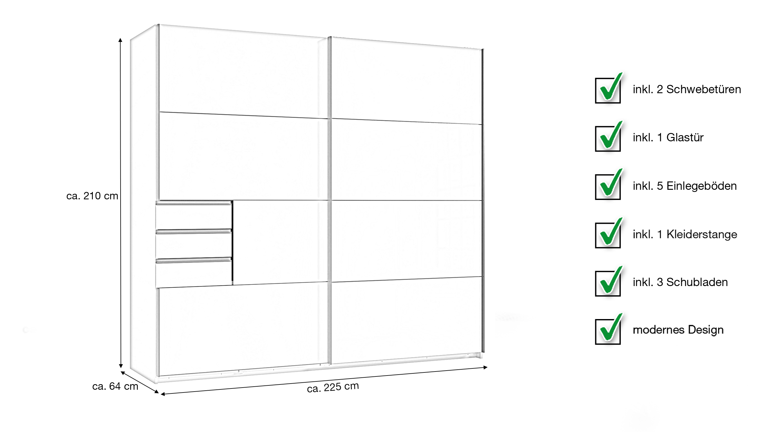 Schwebetürenschrank grau mit Glasfront - 225 cm - SAIGON
