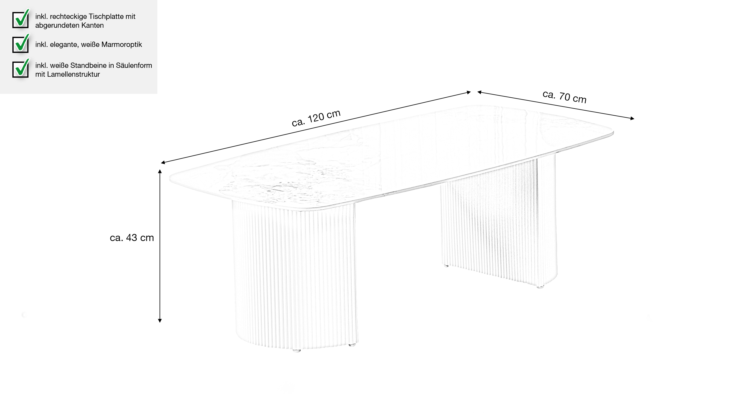 Couchtisch weiß hochglanz Marmoroptik 120 x 70 cm - VITALO