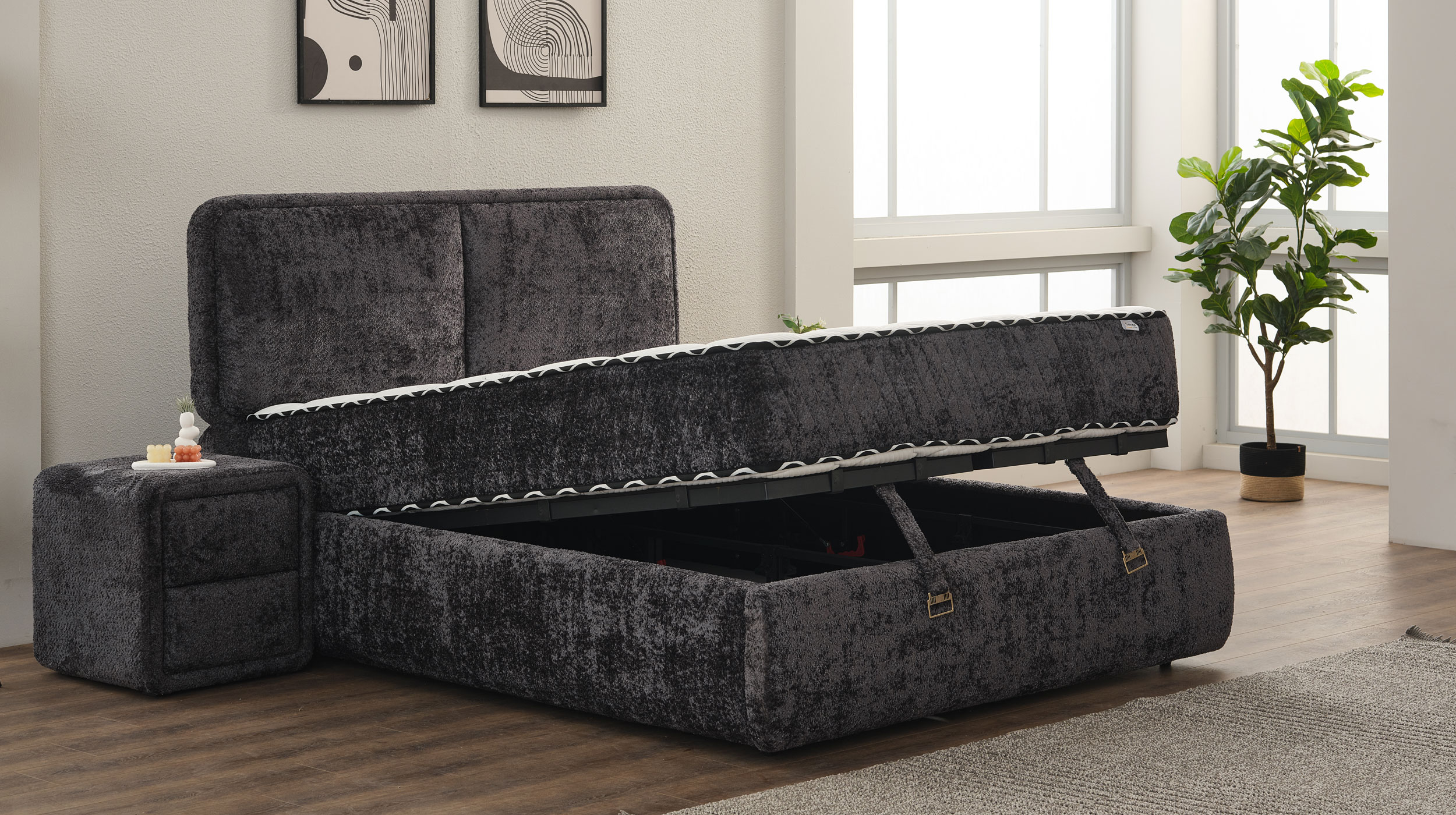 Boxbett 180 x 200 cm Chenille anthrazit Bettkasten - RHODOS