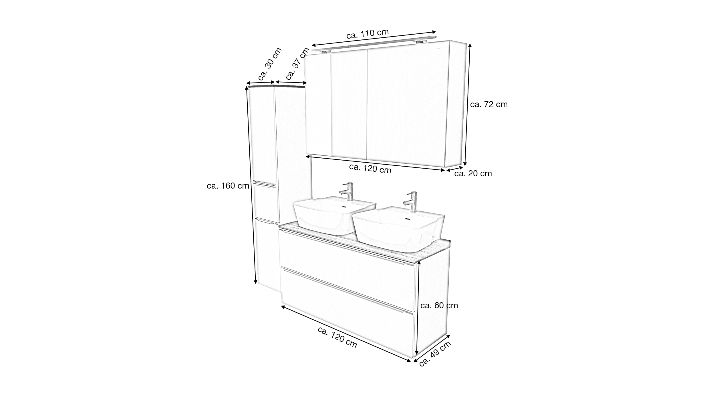 Badmöbel-Set Magnolia - 3 Teile mit HS - Waschtisch 120 cm - LEONEL