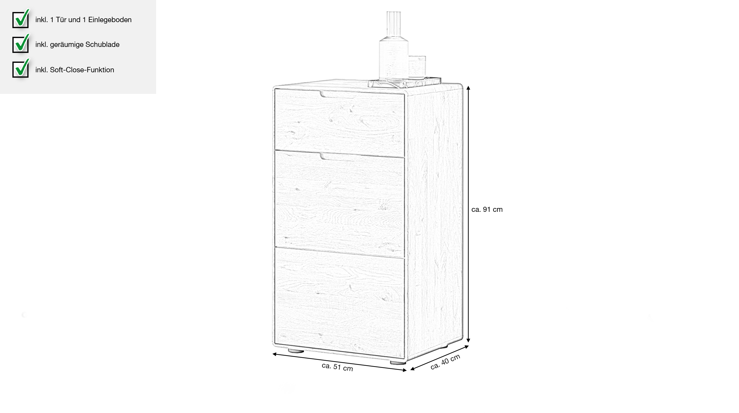 Kommode mit Schublade Wildeiche massiv 51 x 40 cm - LUCAS