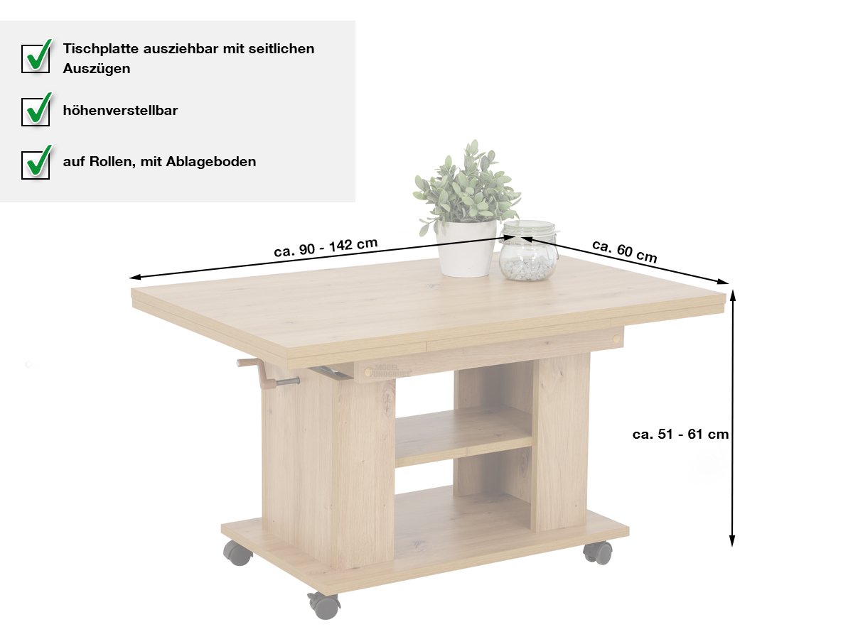Couchtisch Artisan Eiche 90 x 60 cm ausziehbar - JAKOB