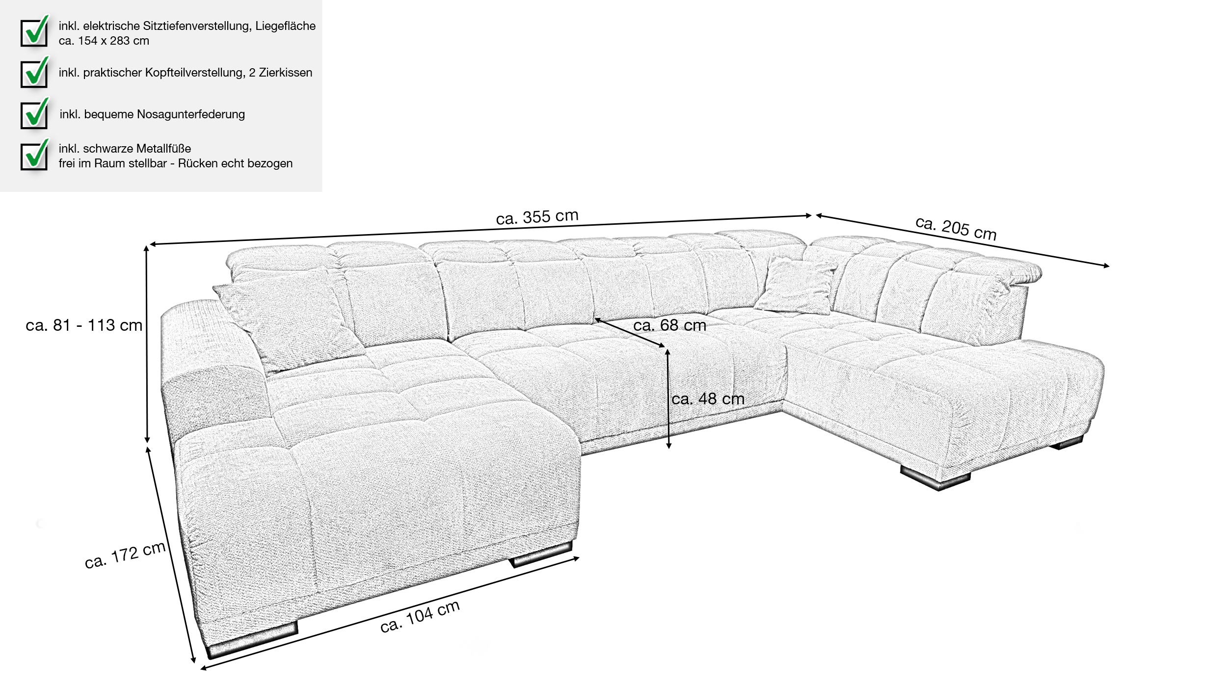 Wohnlandschaft grau elektrisch ausfahrbar 355 cm - TABOS