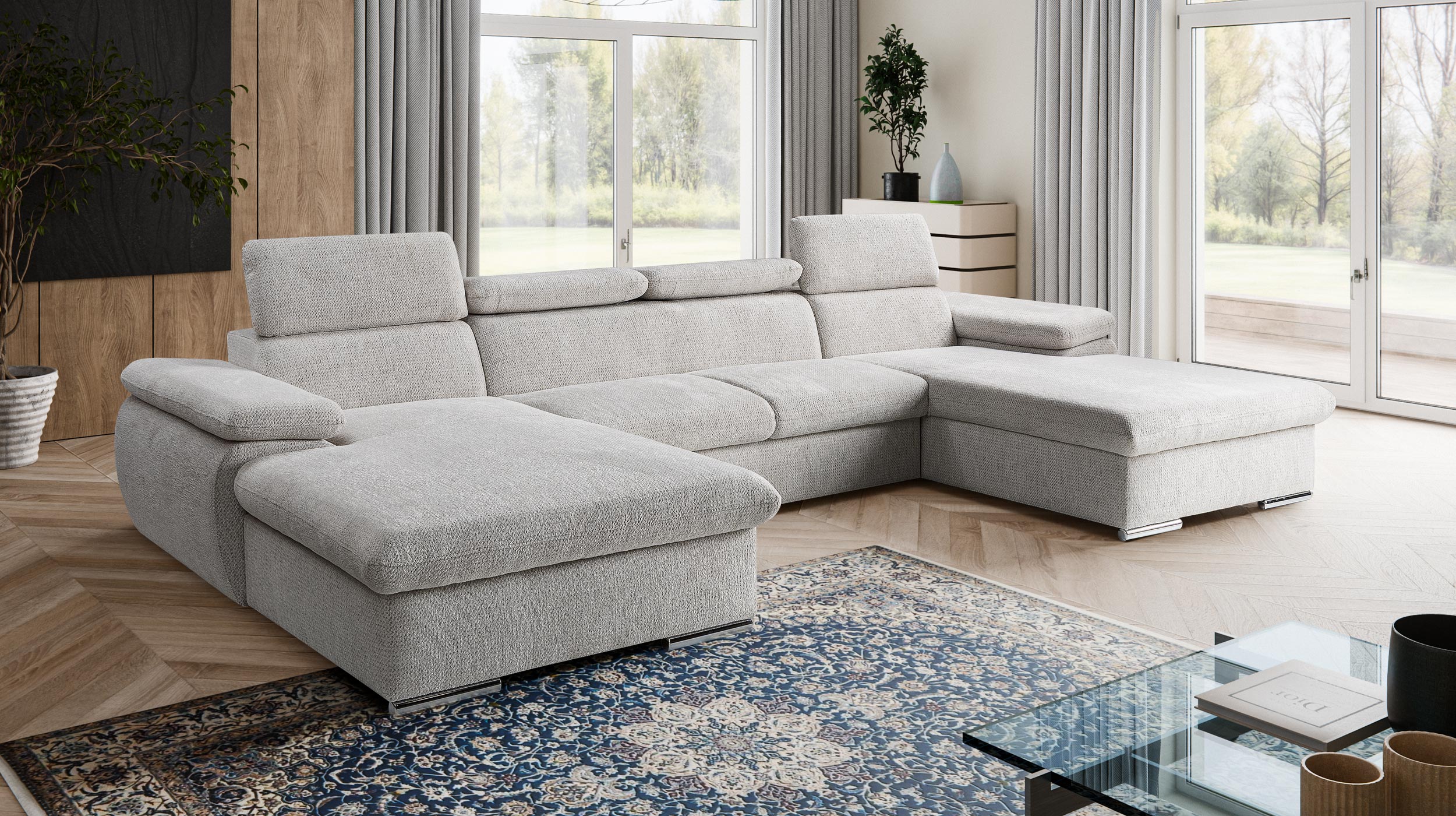 Wohnlandschaft Schlaffunktion cremeweiß 352 cm - Bettkasten - CARLO