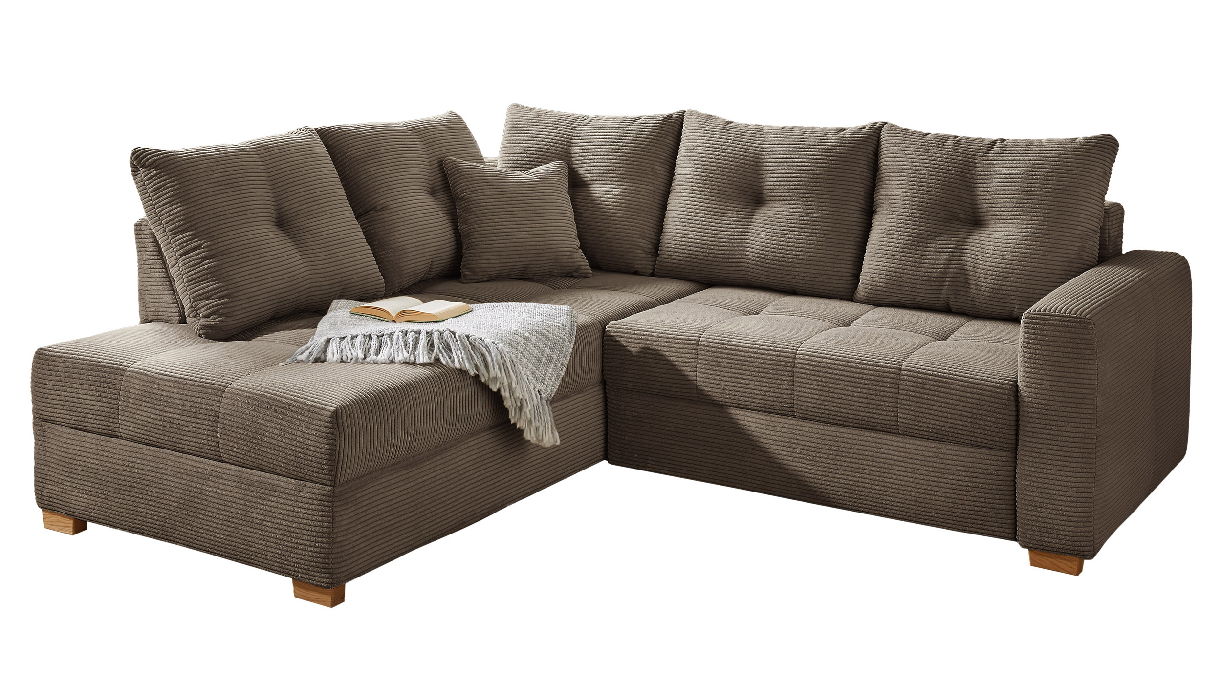 Ecksofa Cord taupe 228 cm - Schlaffunktion Bettkasten - HEIDELBERG