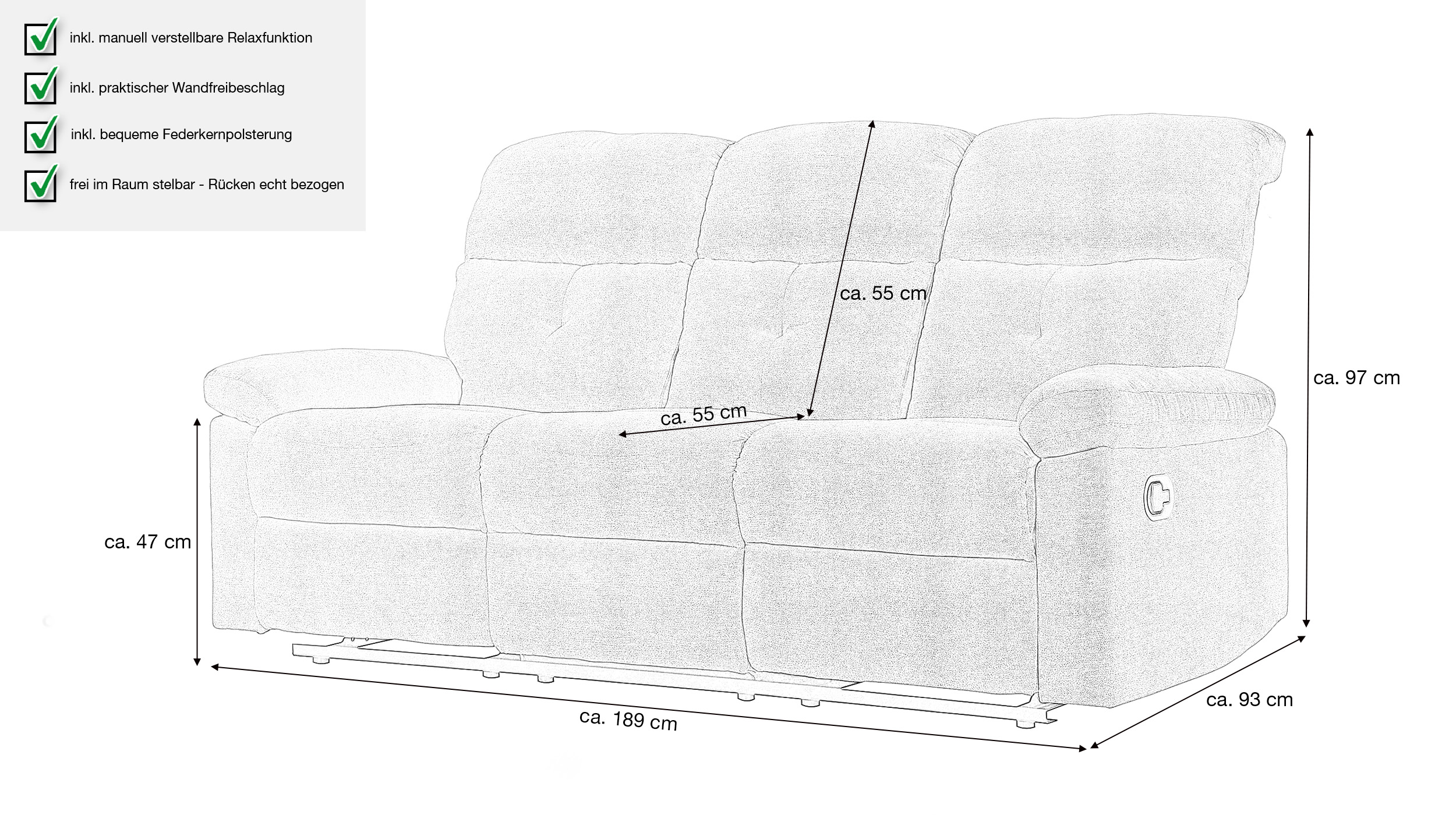 Einzelsofa Microfaser grau 189 cm - Relaxfunktion - RIVERA