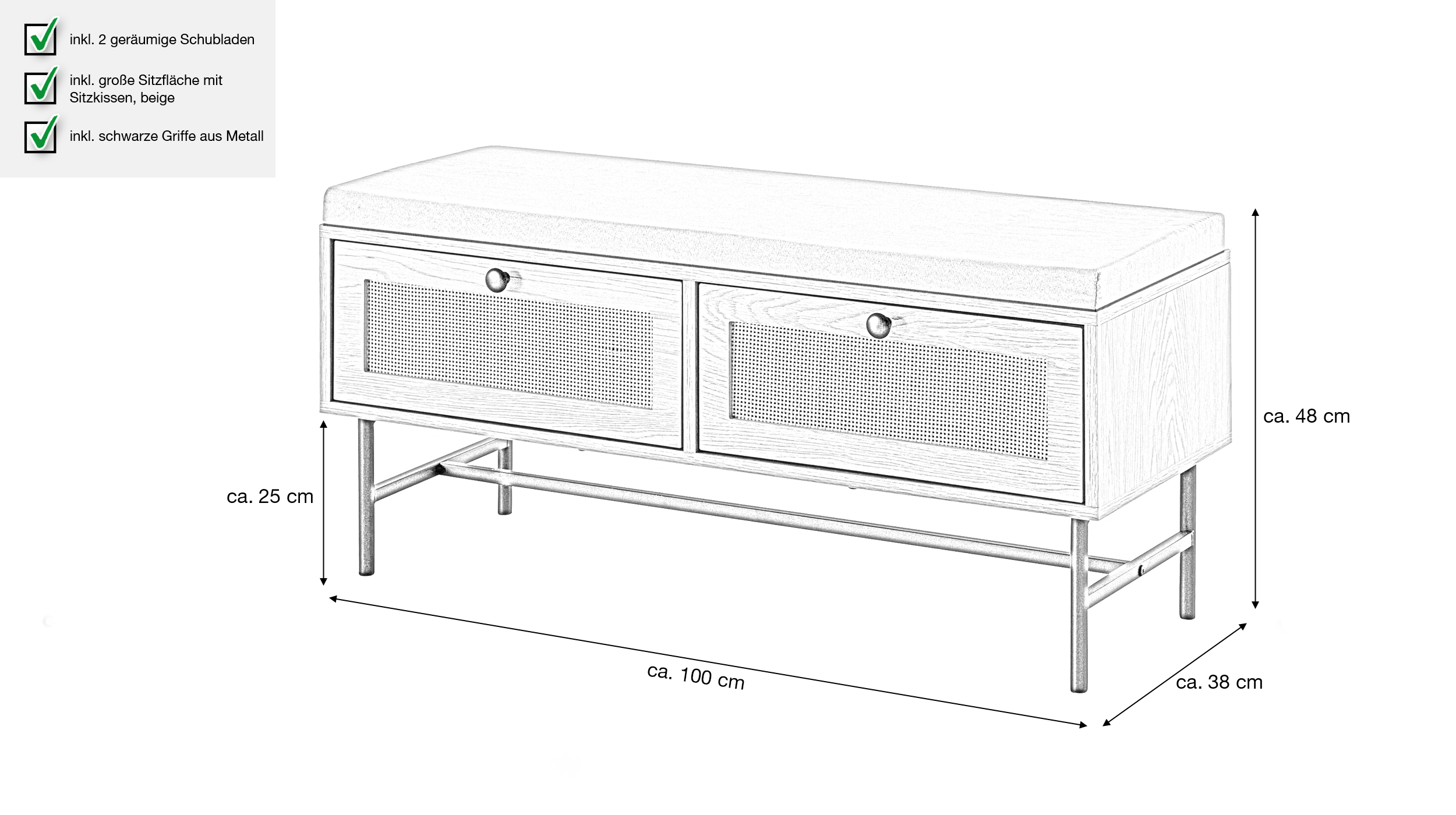 Garderobenbank Eiche Holzdekor - Polyrattan B 100 x H 48 cm - RATVAN