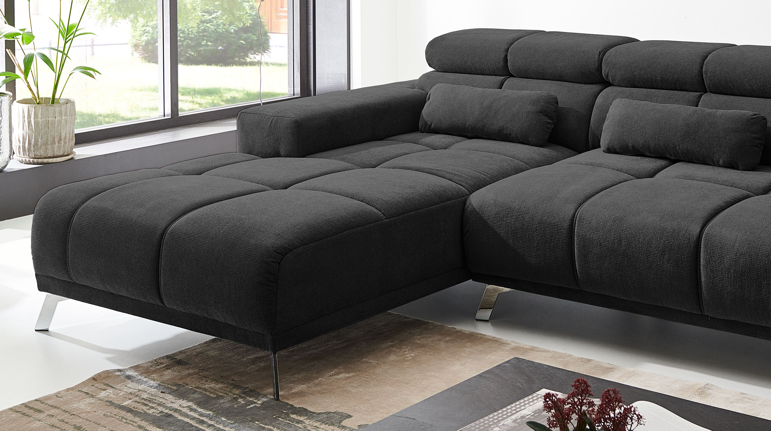 Ecksofa schwarz ausziehbar - Sitztiefenverstellung 285 cm - OT links - SPEED