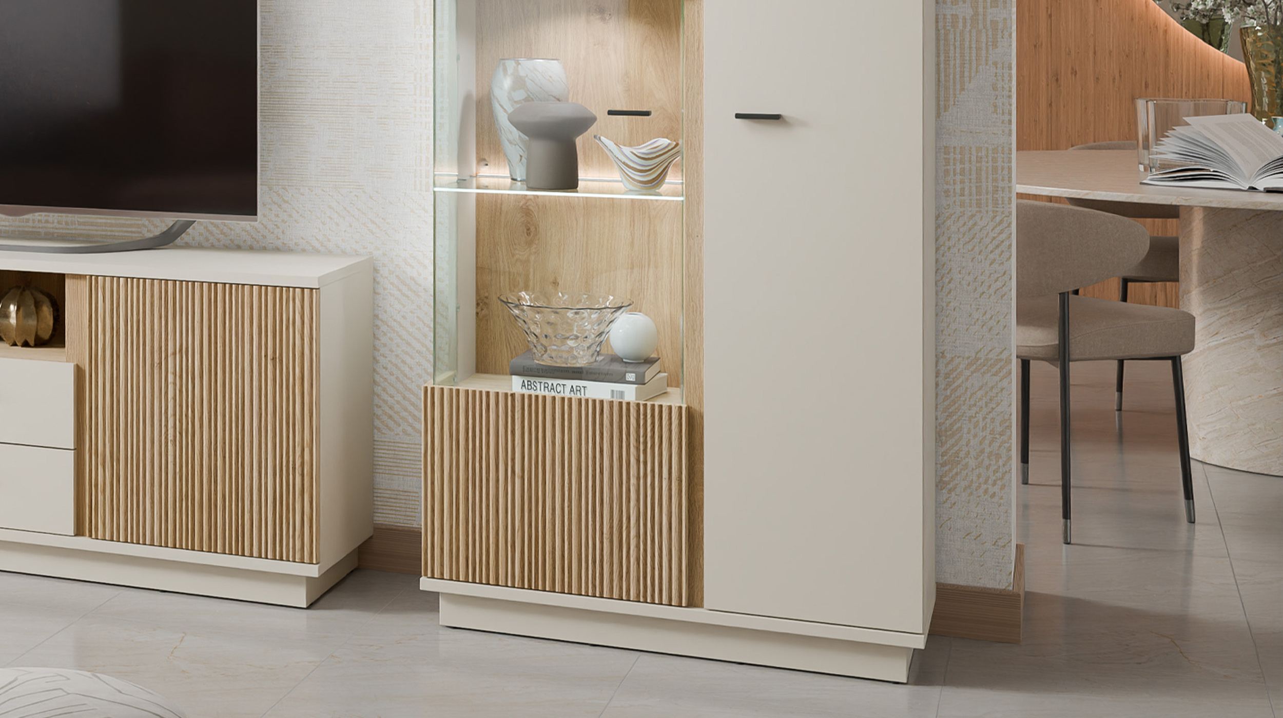 Vitrine mit Glastür beige - Eiche - Breite 87 cm - MOSANO