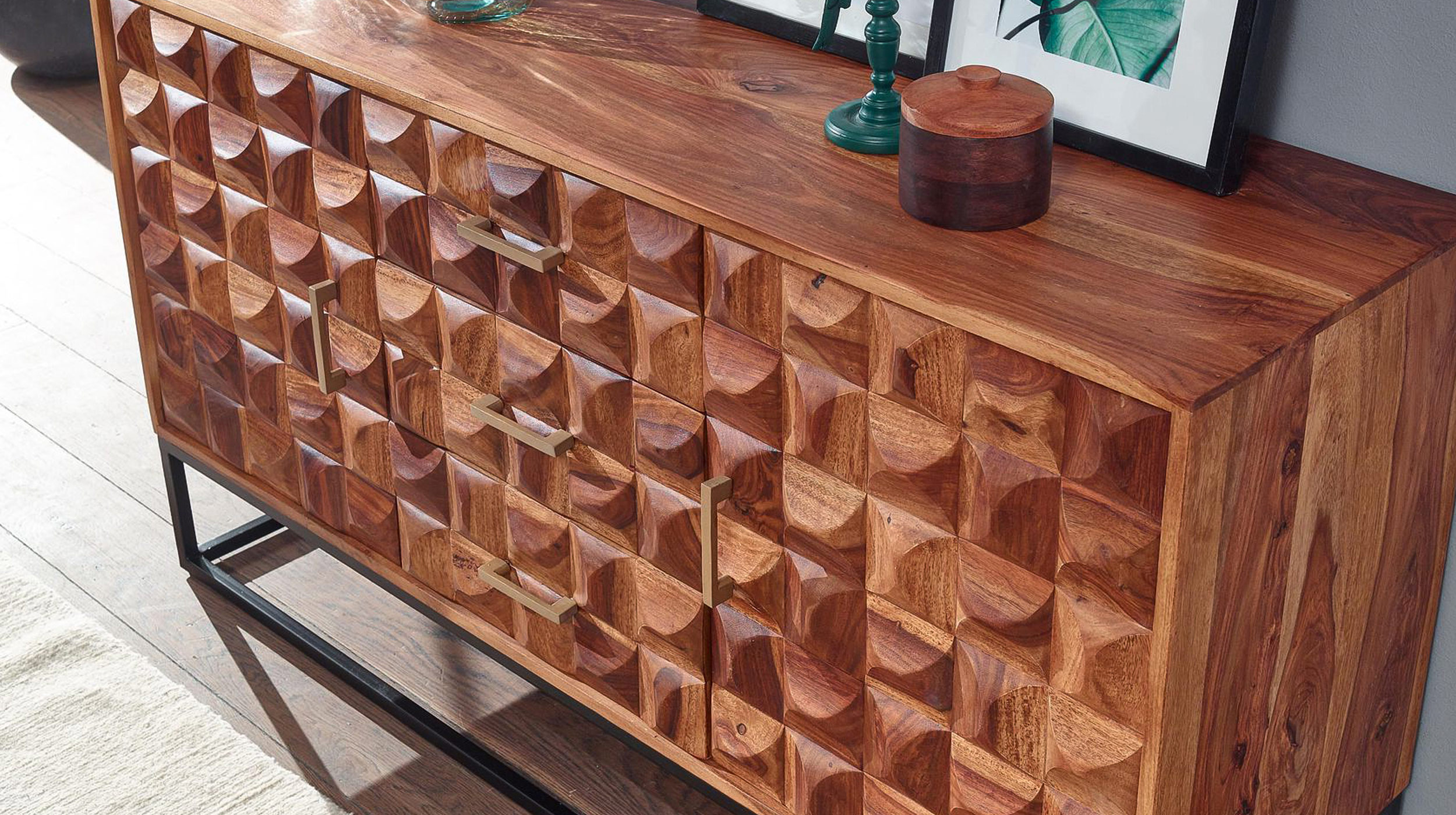 Sideboard mit 3 Schubladen Sheesham massiv gebeizt 145 cm - LENE