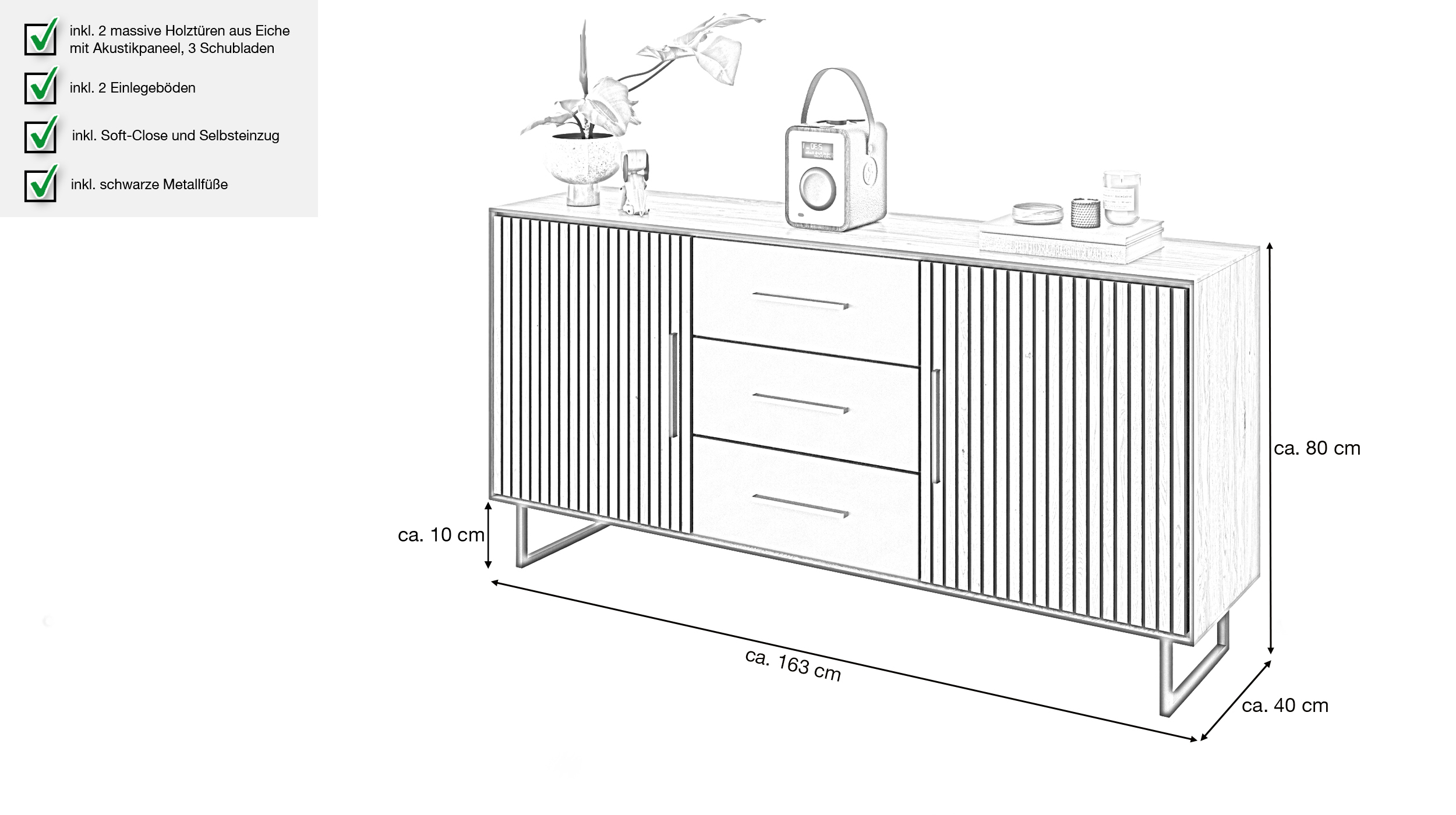 Sideboard mit 3 Schubladen Eiche geölt 163 cm - BELLA