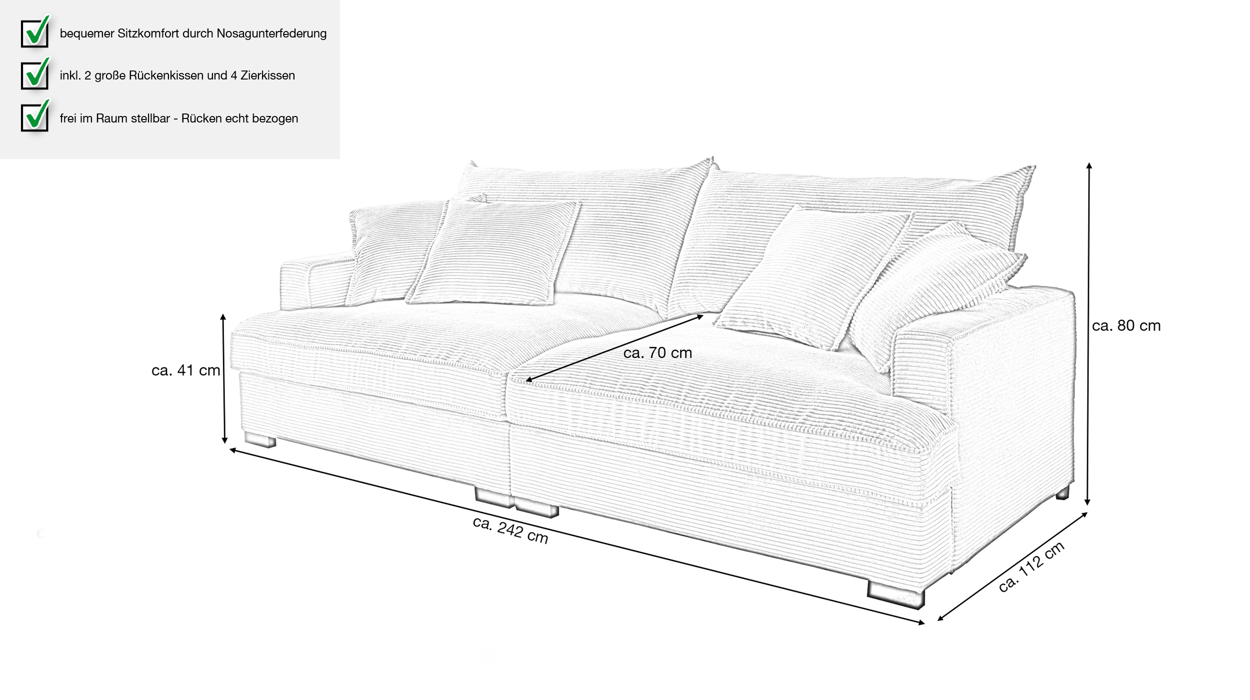 Big Sofa Cord grau - 242 cm - Nosagunterfederung - TRIBECCA