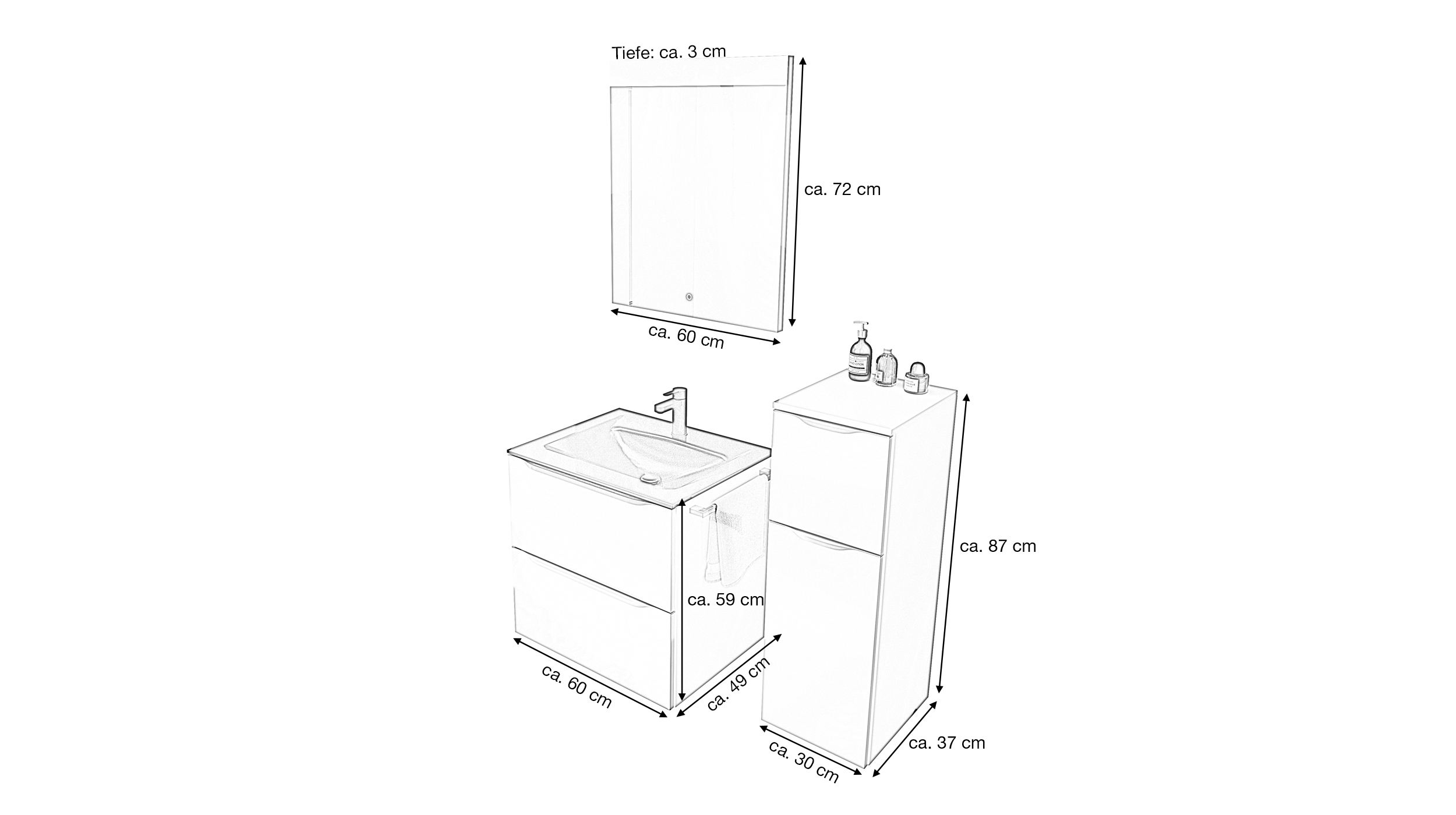 Badmöbel-Set weiß Glanz - 3-Teile mit MS - Waschtisch 60 cm - FRANA