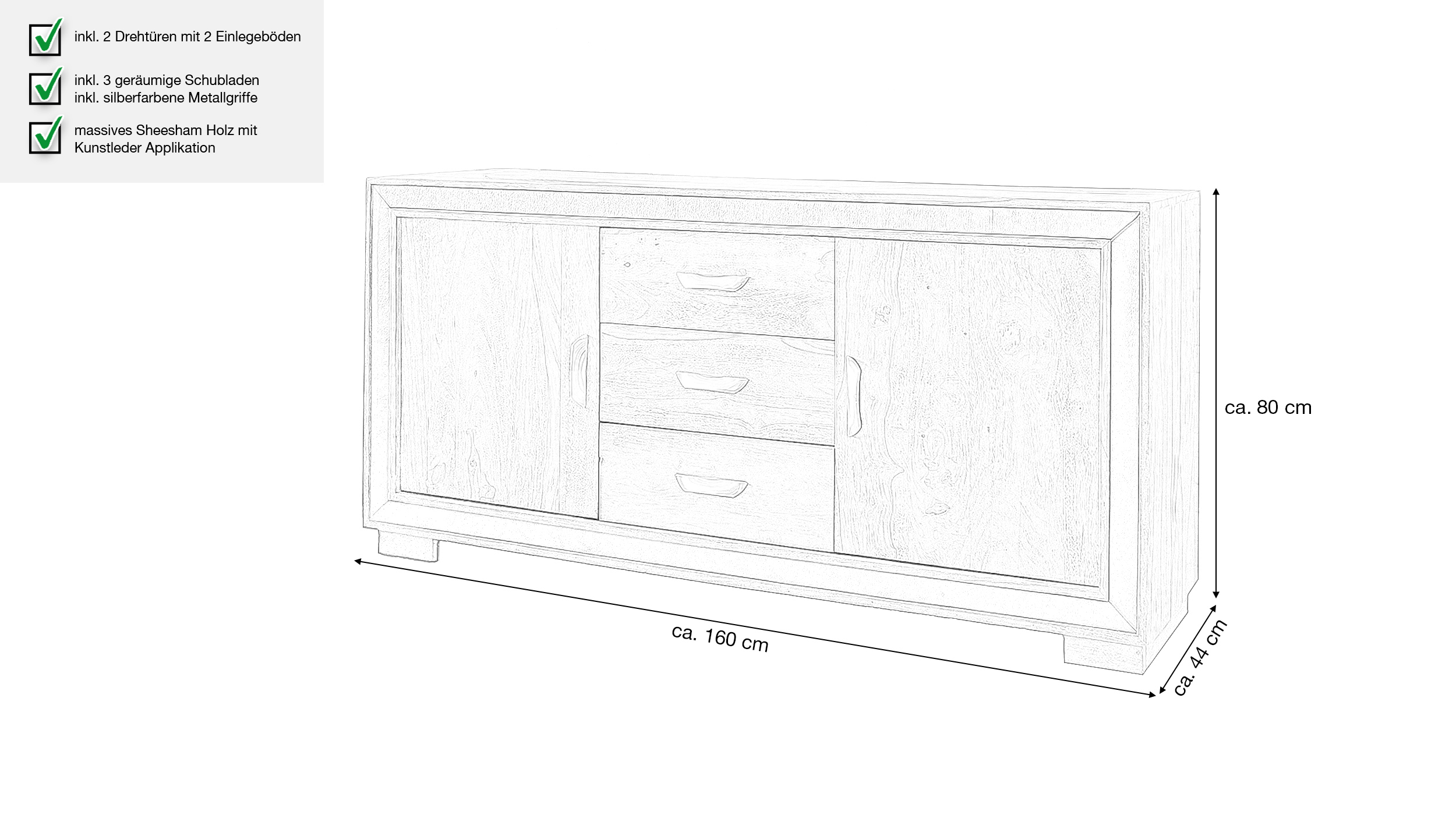 Sideboard 3 Schubladen Sheesham massiv gebeizt 160 cm - NORDLY